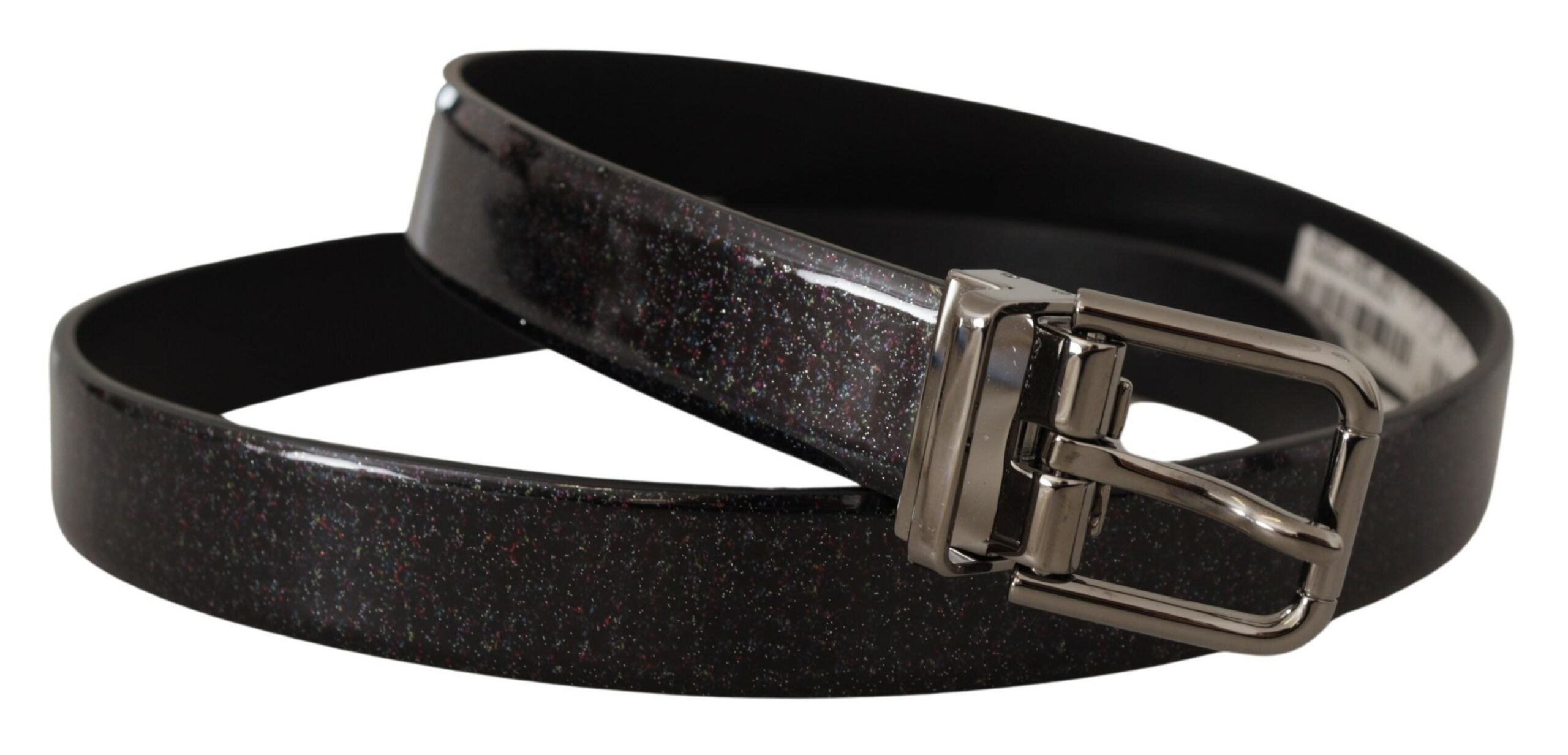 Dolce & Gabbana Schwarzer Vernice Puntinata Ledergürtel mit silberfarbenem Metall