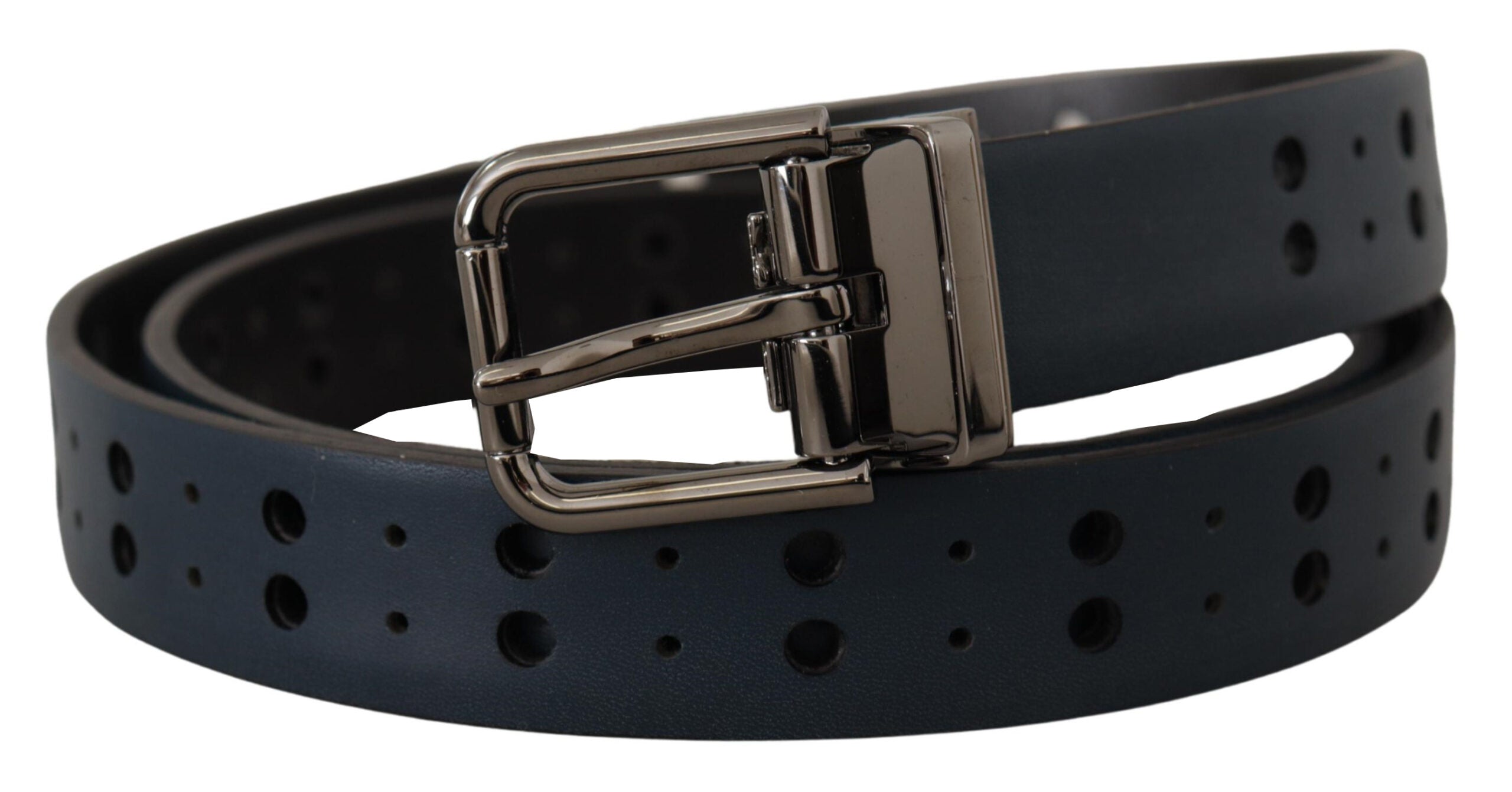 Dolce & Gabbana Blauer perforierter Skinny Leder Gürtel mit Metallschnalle
