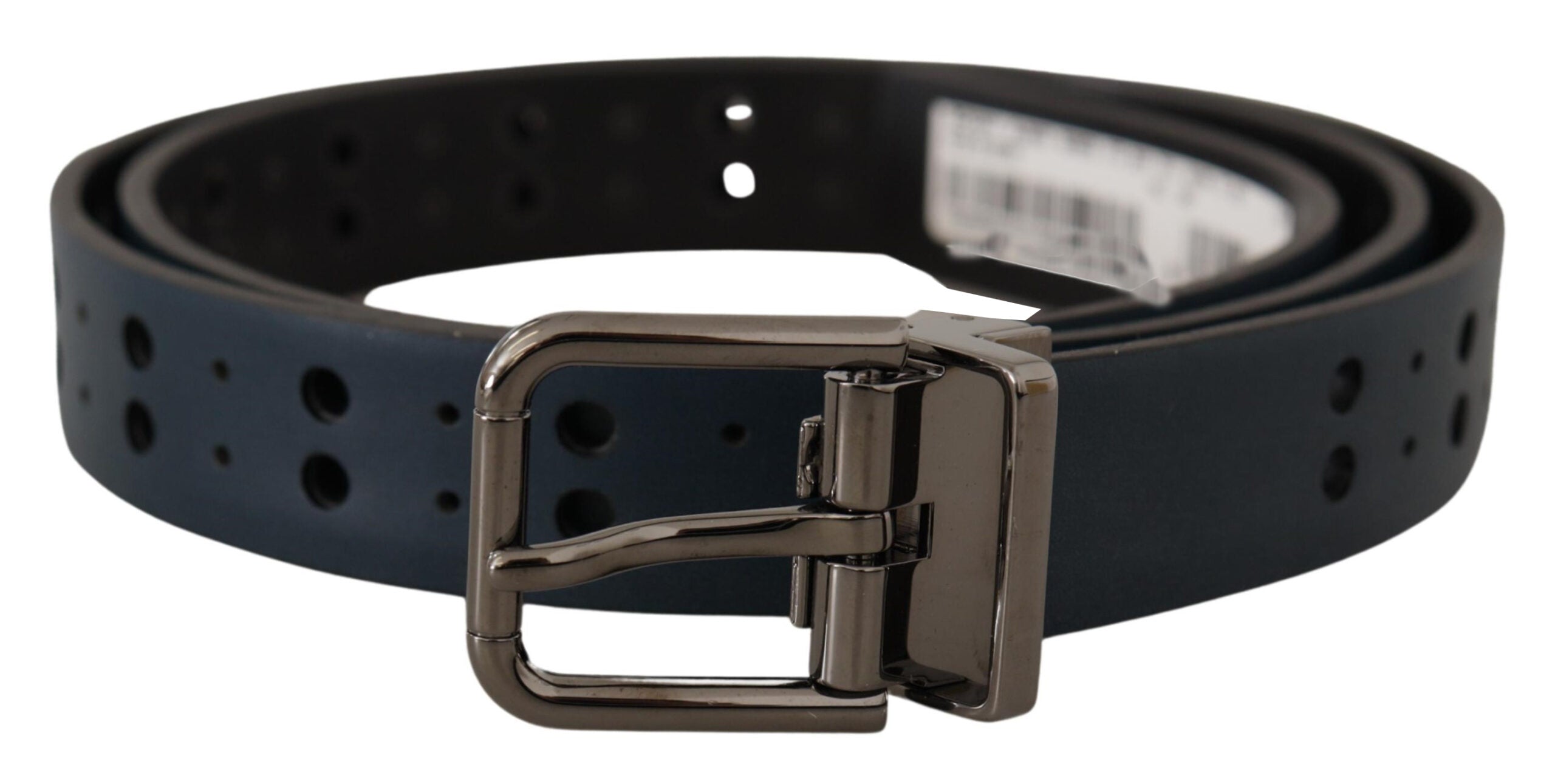 Dolce & Gabbana Blauer perforierter Skinny Leder Gürtel mit Metallschnalle