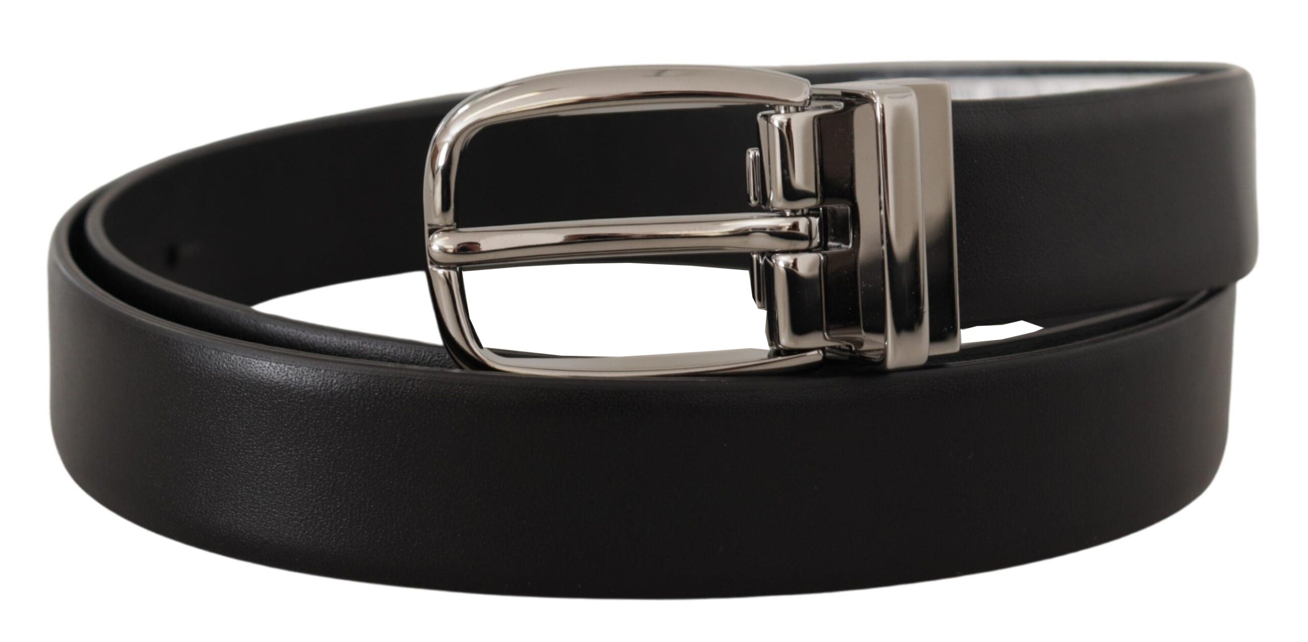 Dolce & Gabbana Schwarzes Leder Silber Metall Chrom Logo Schnalle Gürtel