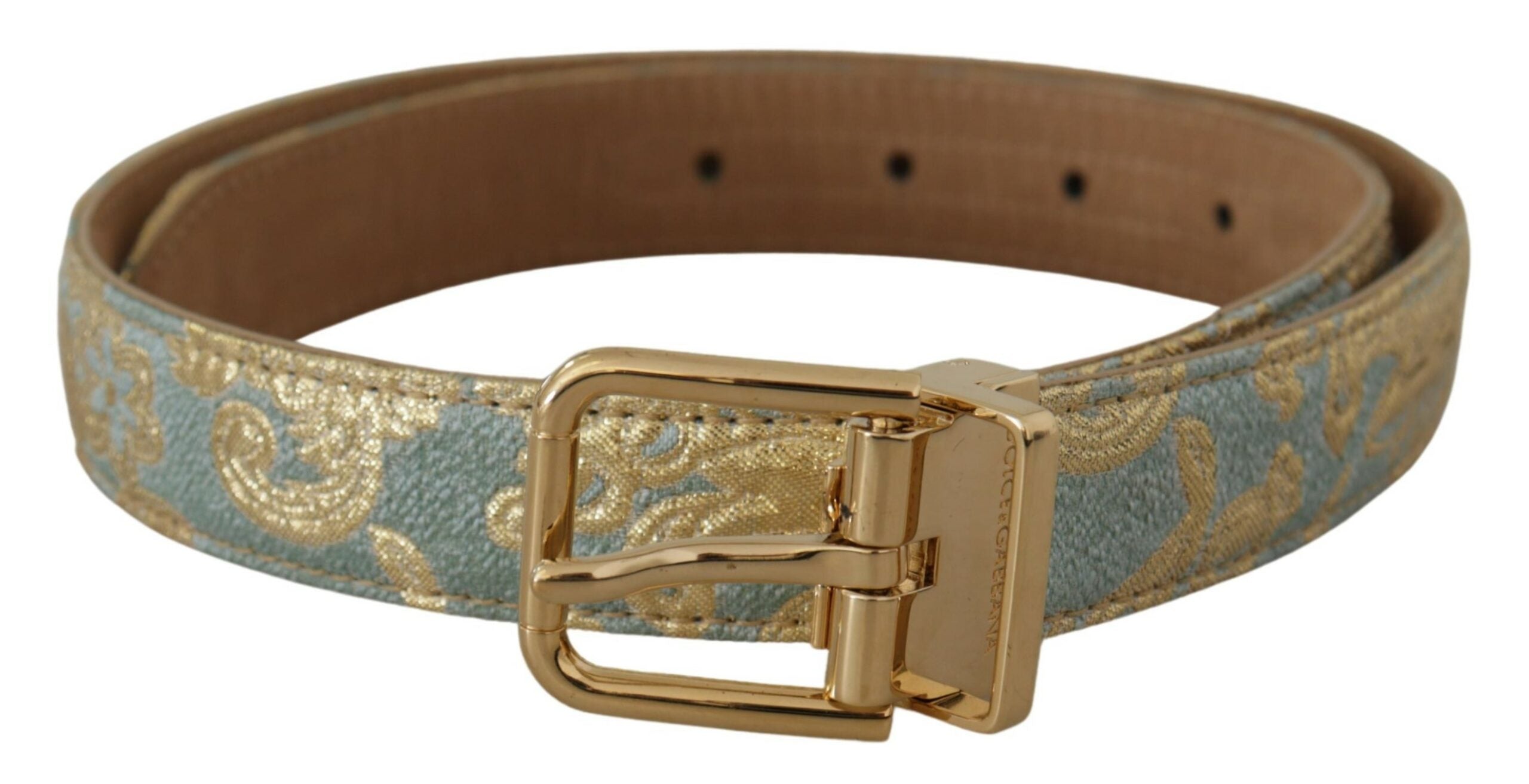 Dolce & Gabbana Blauer Leder-Jacquardgürtel mit geprägter goldener Metallschnalle