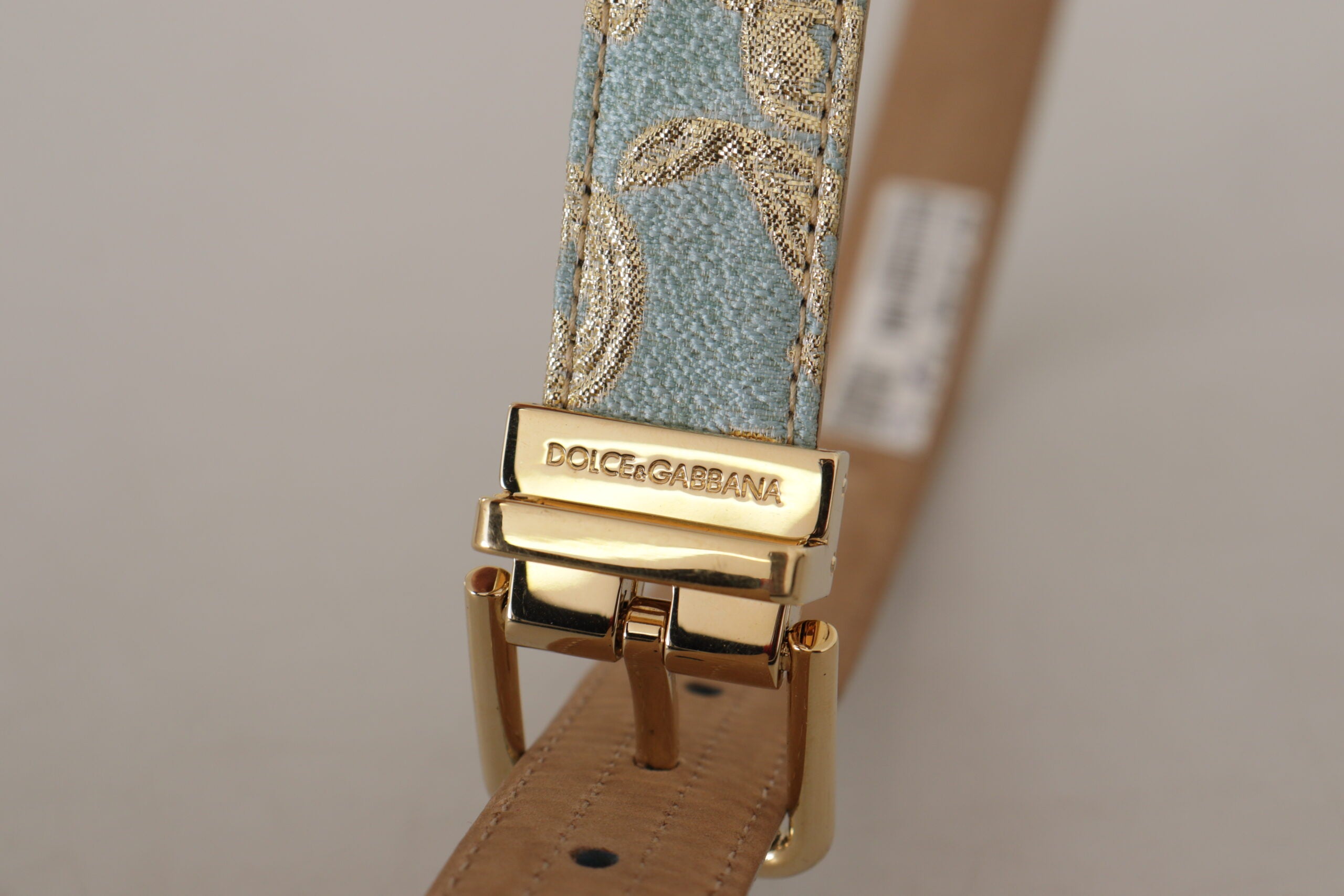Dolce & Gabbana Blauer Leder-Jacquardgürtel mit geprägter goldener Metallschnalle