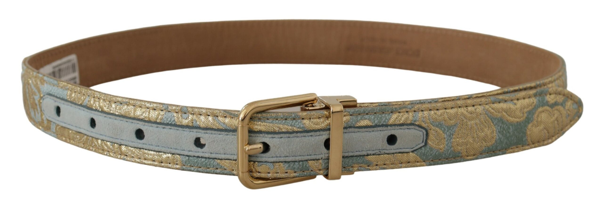 Dolce & Gabbana Blauer Leder-Jacquardgürtel mit geprägter goldener Metallschnalle