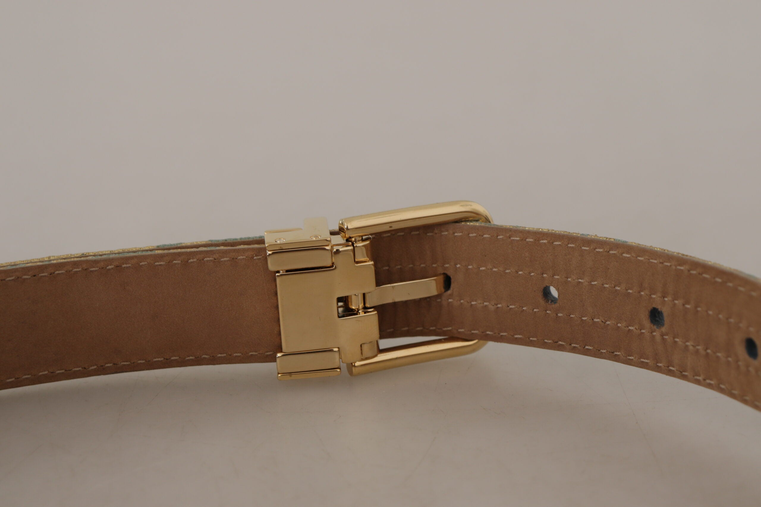 Dolce & Gabbana Blauer Leder-Jacquardgürtel mit geprägter goldener Metallschnalle