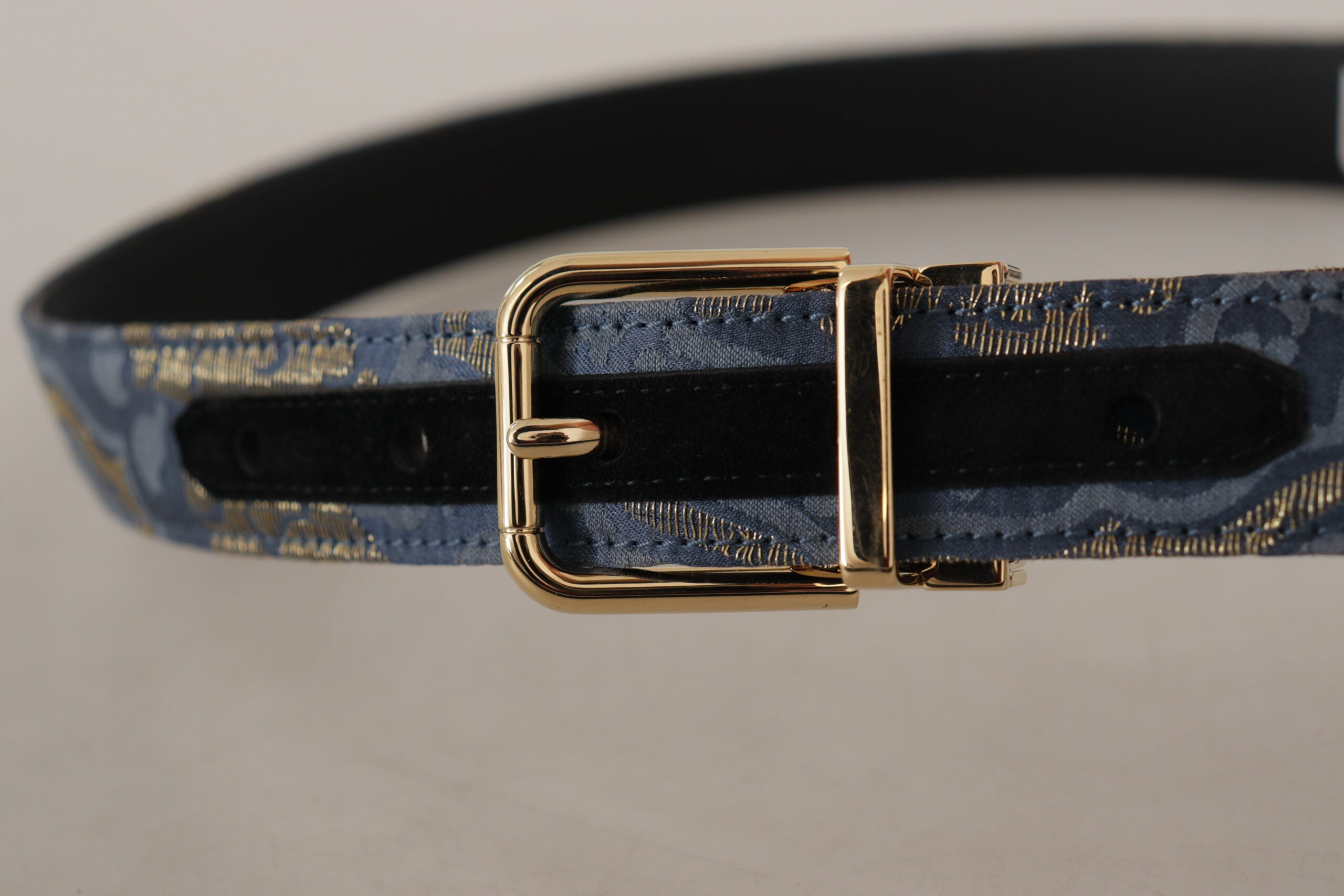 Dolce & Gabbana Marineblauer Jacquardgürtel mit goldfarbenem Logo und Metallschnalle