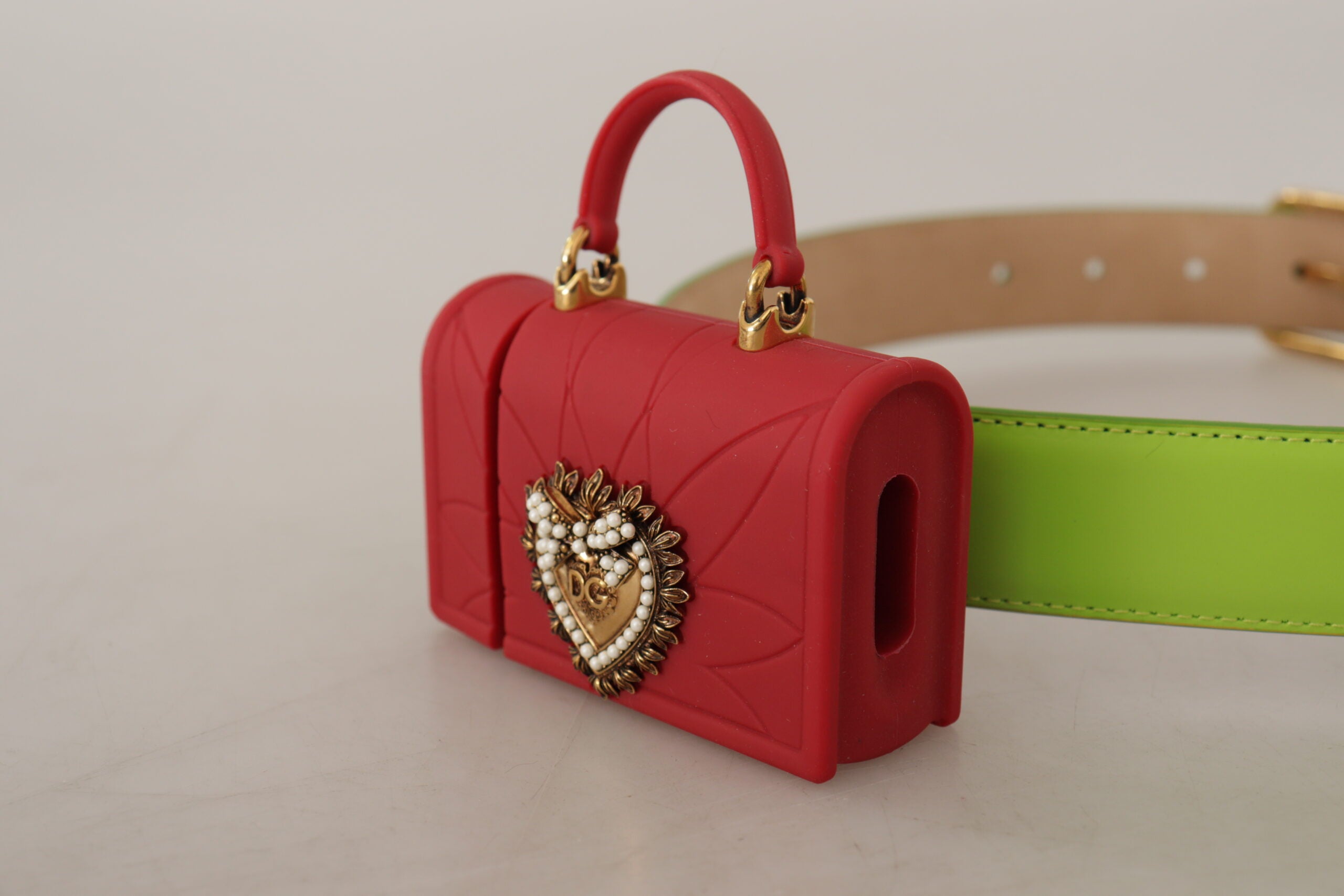 Dolce & Gabbana Grünes Leder Devotion Heart Micro Tasche Kopfhörer Gürtel
