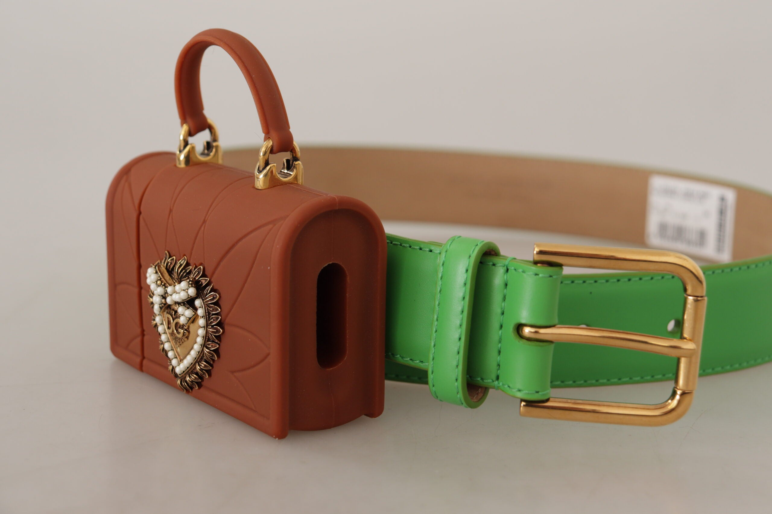 Dolce & Gabbana Grünes Leder Devotion Heart Micro Tasche Kopfhörer Gürtel