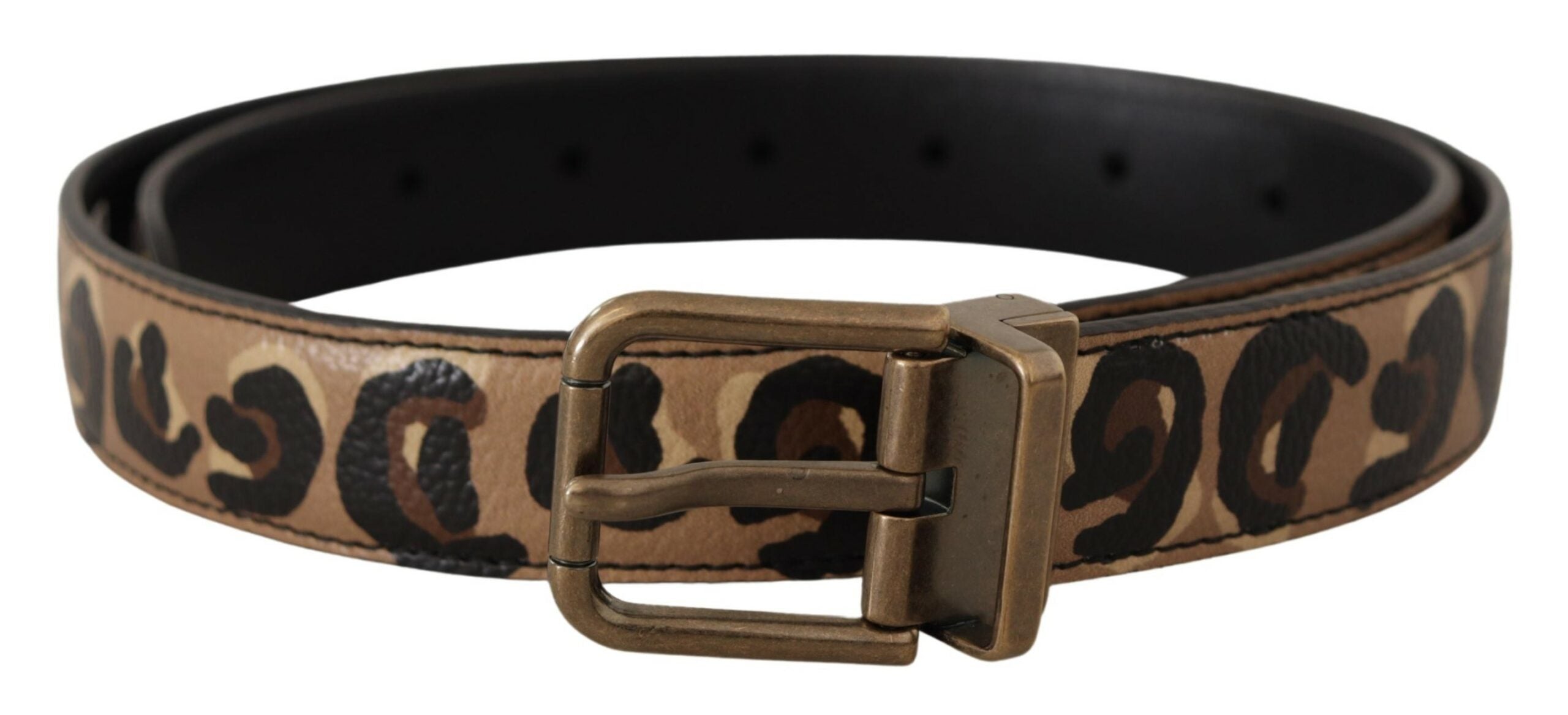 Dolce & Gabbana Brauner Ledergürtel mit Leopardenmuster und bronzefarbener Metallschnalle