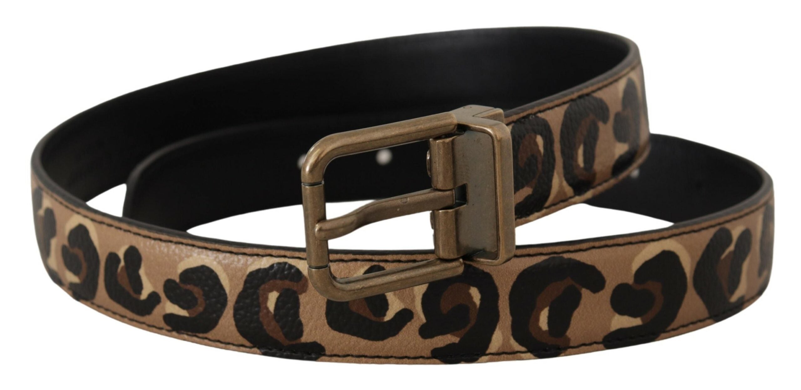 Dolce & Gabbana Brauner Ledergürtel mit Leopardenmuster und bronzefarbener Metallschnalle