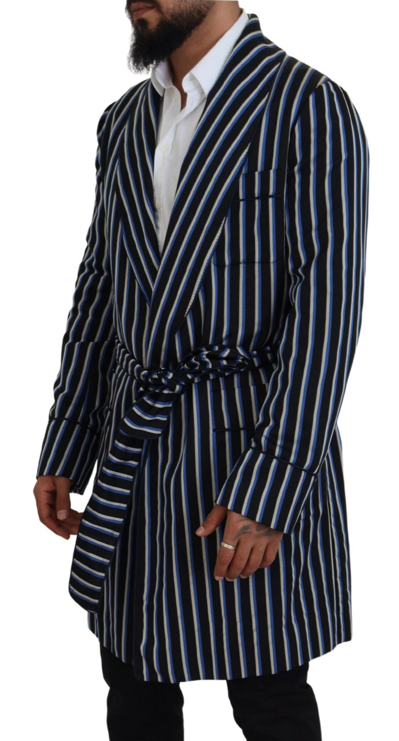 Dolce & Gabbana Schwarzblauer Martini-Bademantel mit bedrucktem Futter