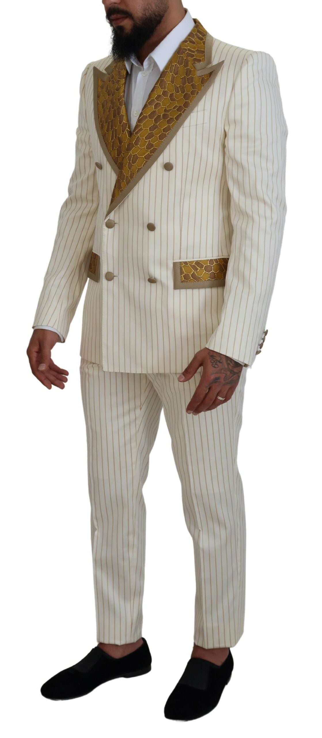 Dolce & Gabbana Weiß Gold gestreifter Smoking Slim Fit Anzug