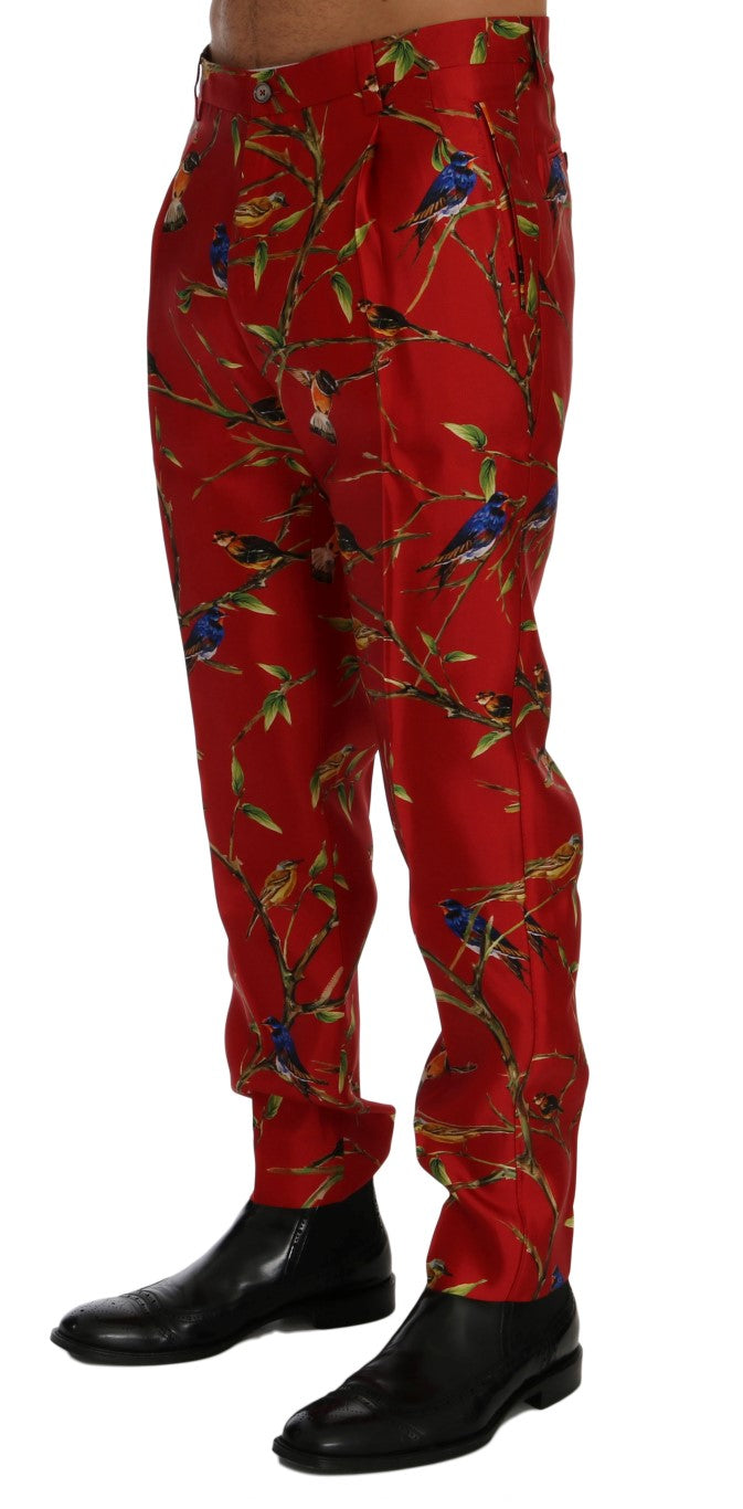 Dolce & Gabbana Rotes Seidenkleid mit Vogeldruck Hose
