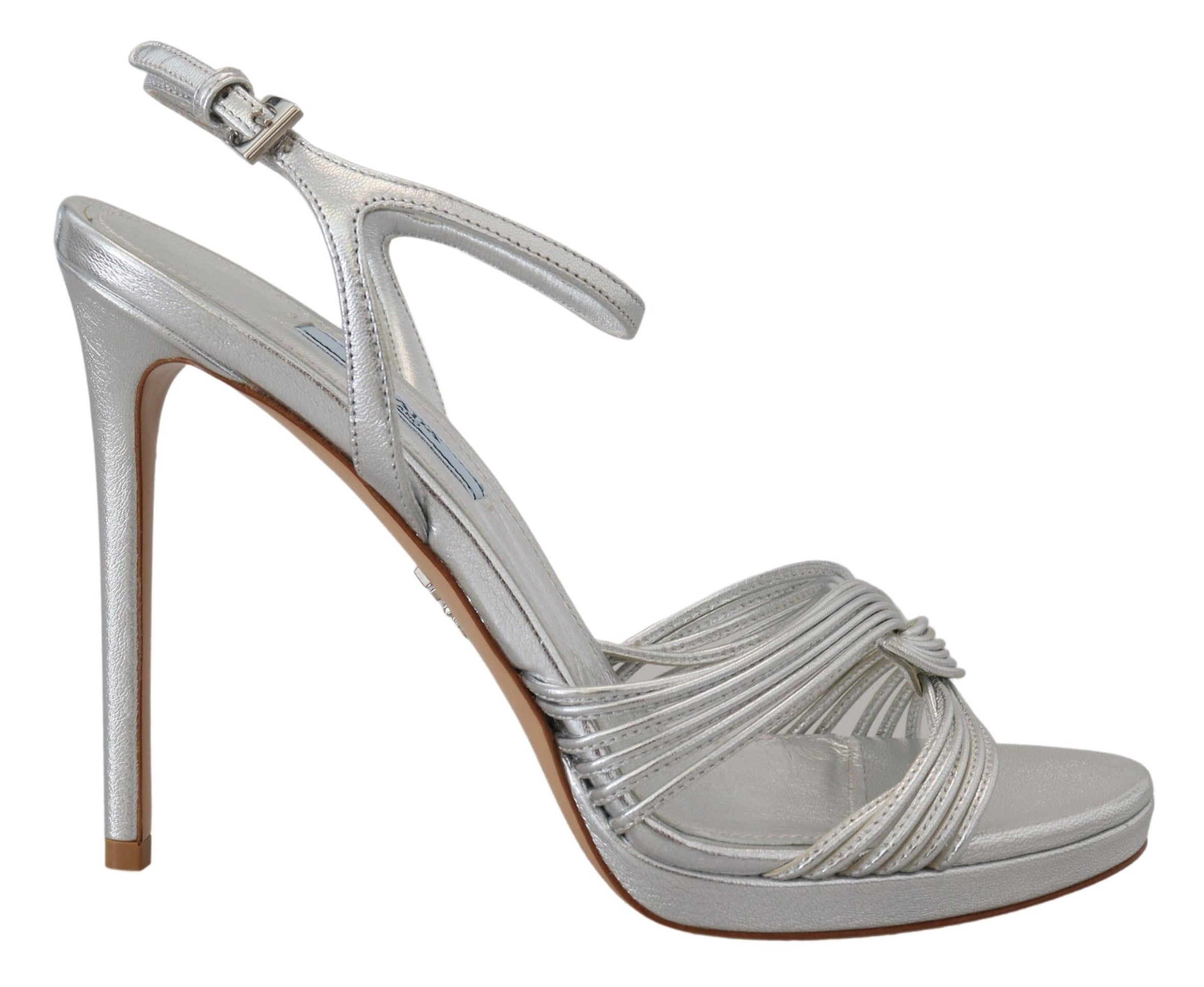 Prada Silberne Leder-Sandalen Knöchelriemen-Absätze Stiletto