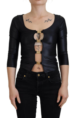 Dolce & Gabbana Schwarzes Baumwoll-Stretch-Oberteil mit offener Brust und 3/4-Ärmeln