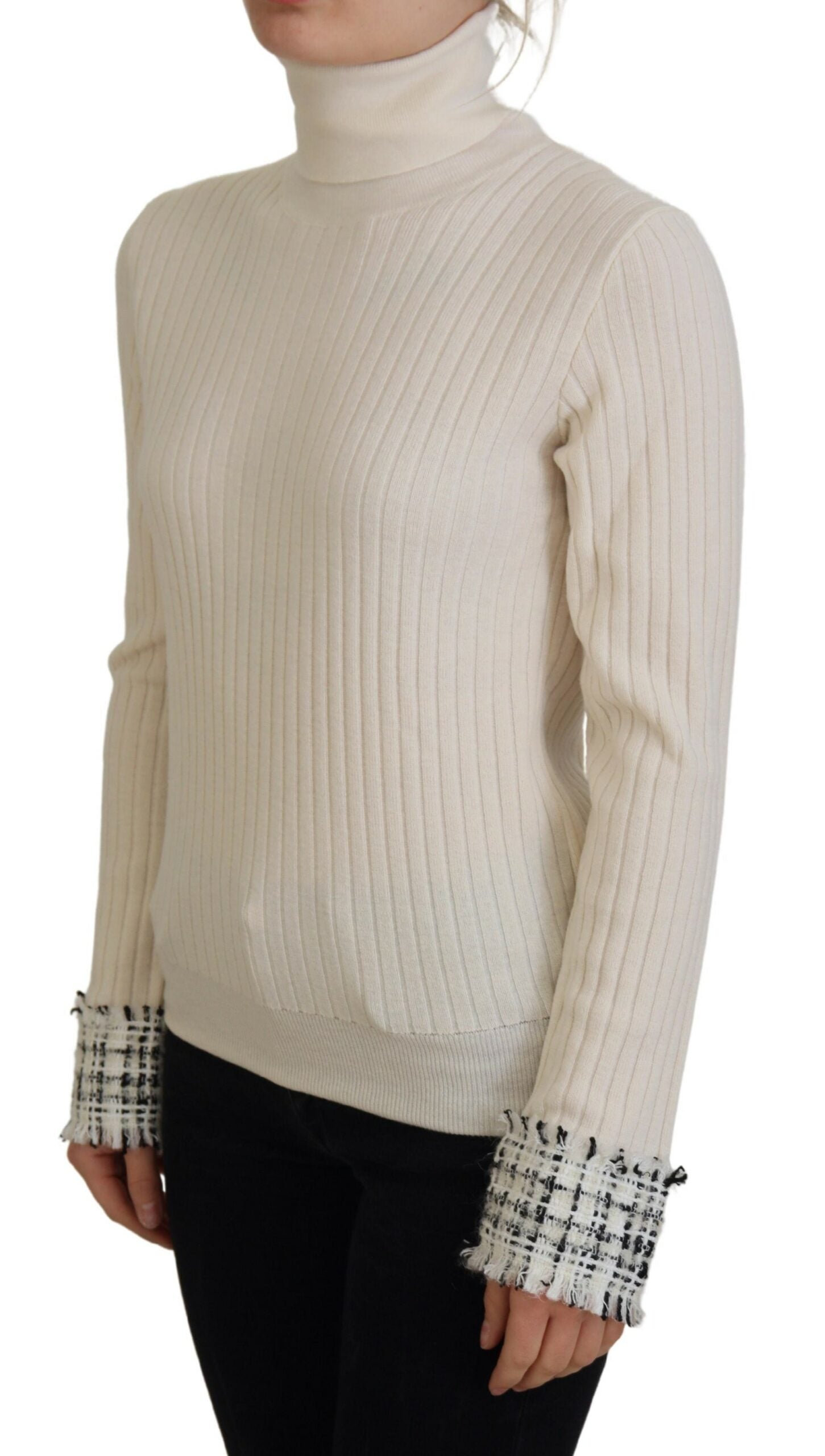 Dolce & Gabbana Elfenbeinfarbener Rollkragenpullover mit ausgefranster Manschette