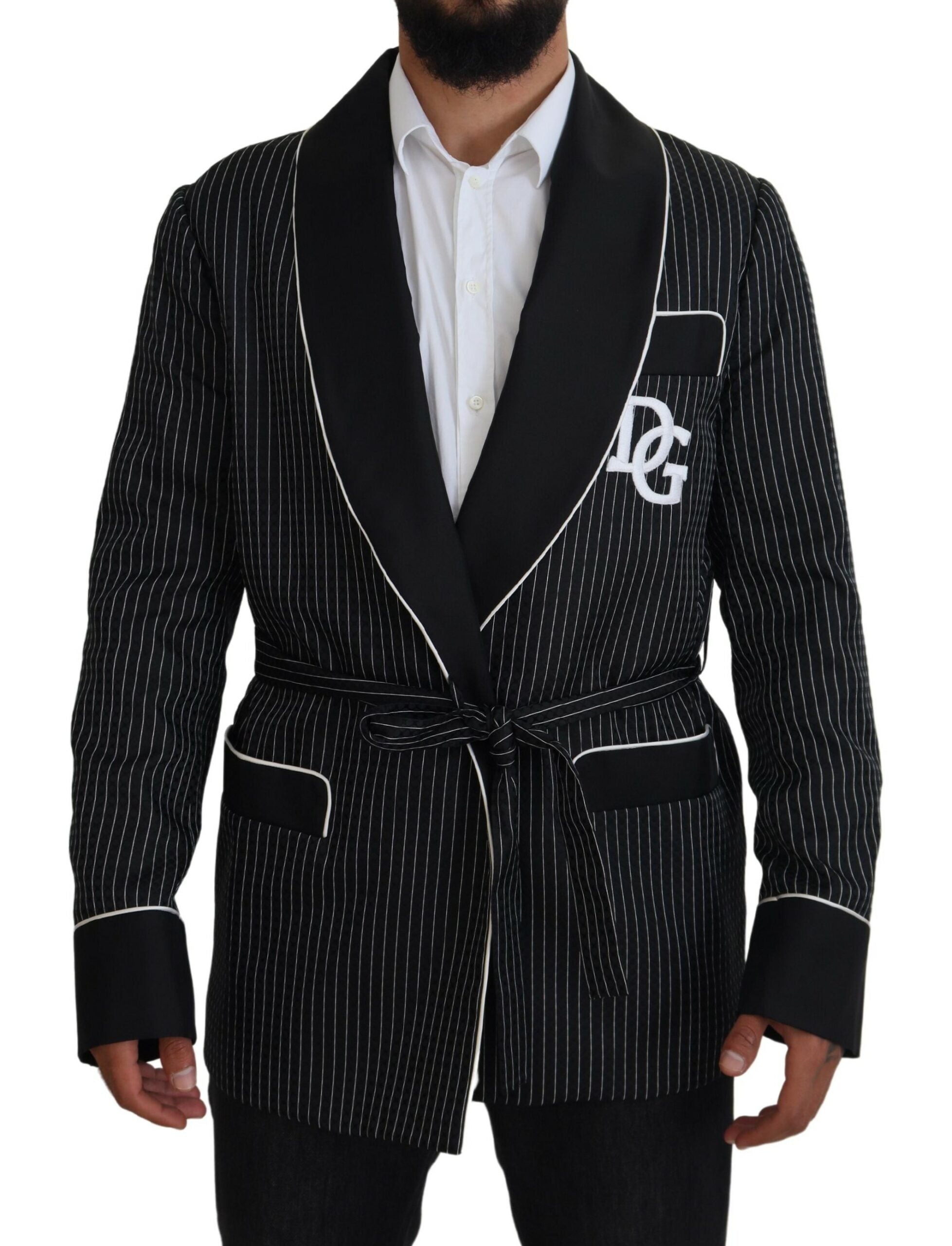 Dolce & Gabbana Schwarze Robe Gestreifte DG Patch Jacke Männer Blazer