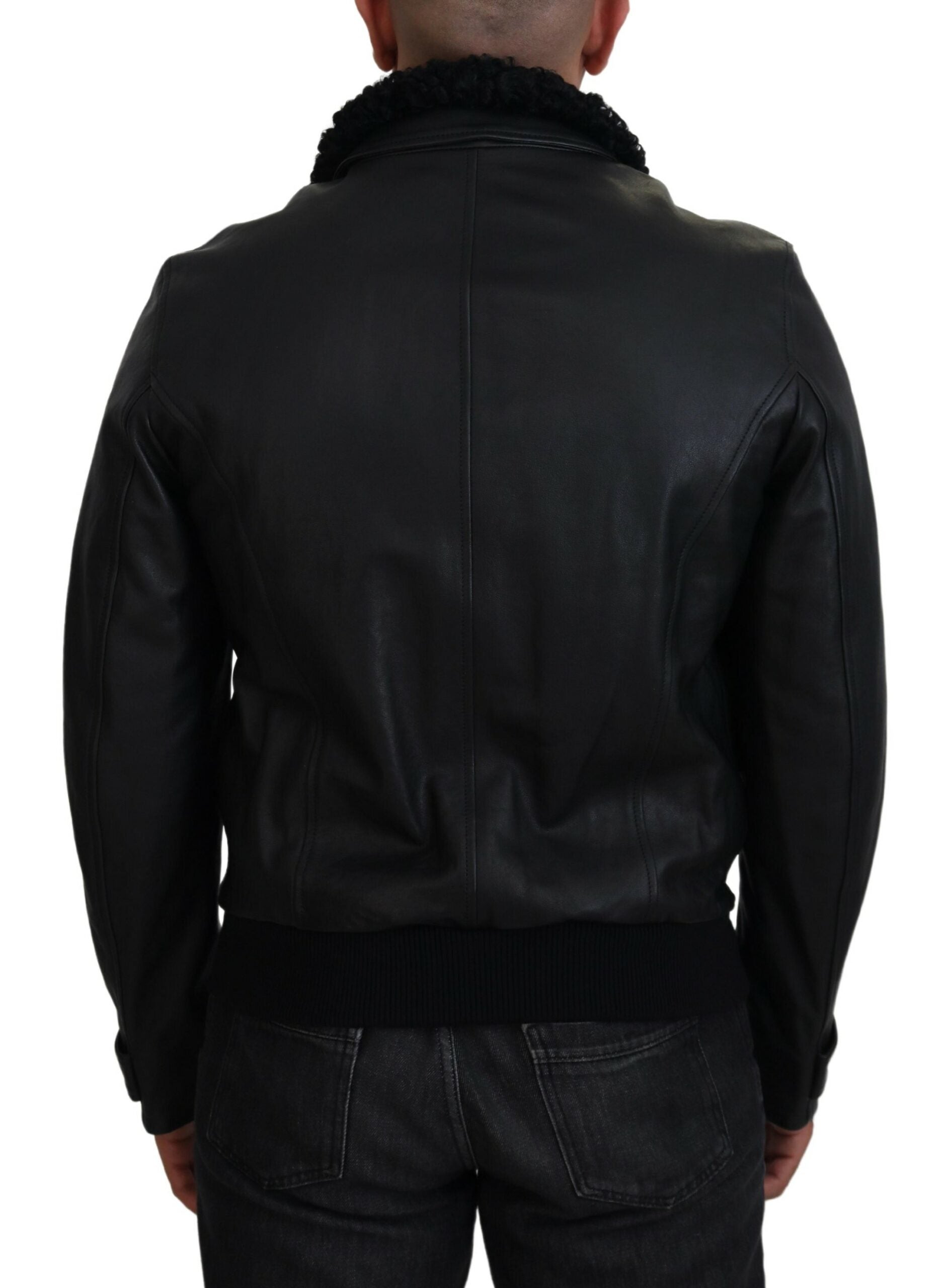 Dolce & Gabbana Schwarzes Lammleder mit Kragen Herrenmantel Jacke