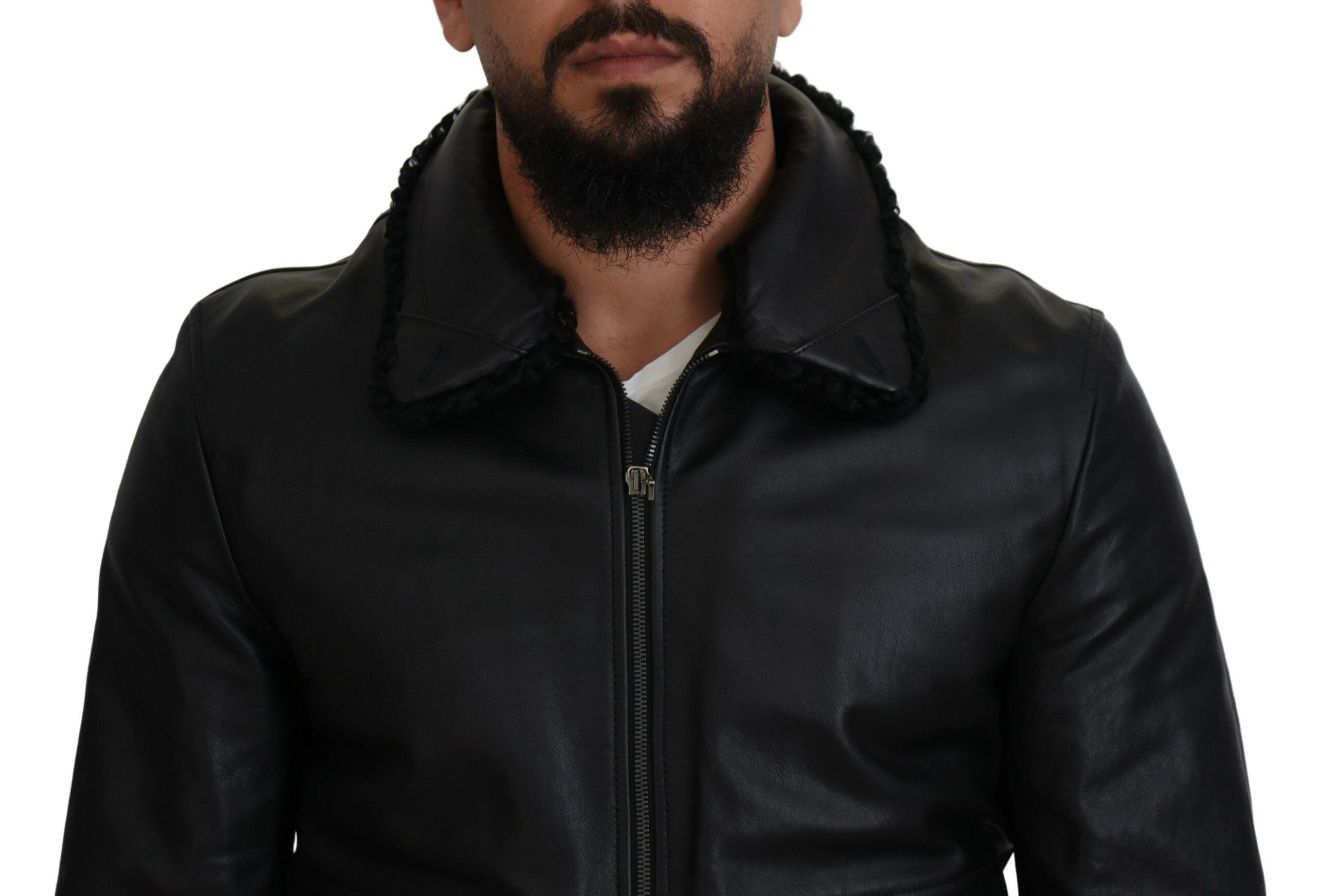 Dolce & Gabbana Schwarzes Lammleder mit Kragen Herrenmantel Jacke