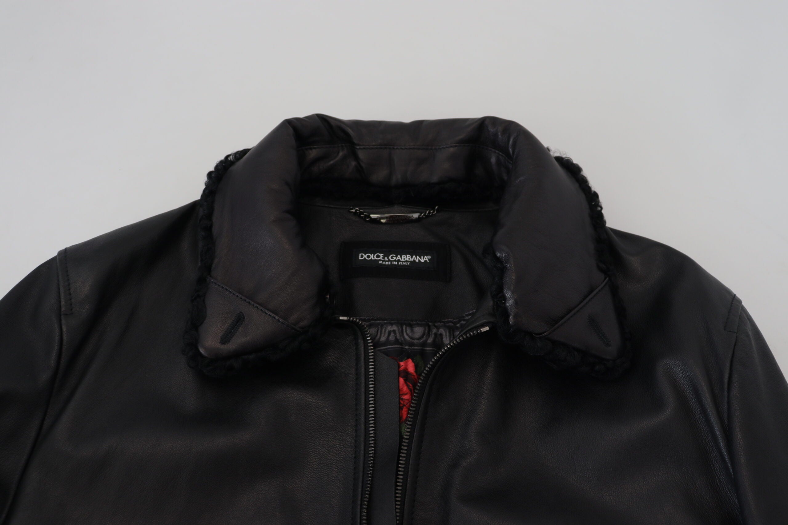 Dolce & Gabbana Schwarzes Lammleder mit Kragen Herrenmantel Jacke