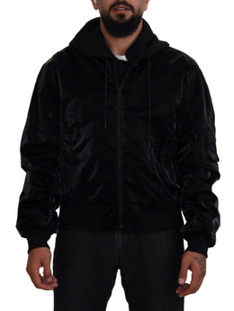 Dolce & Gabbana Schwarze Nylon Bomberjacke mit Kapuze und Reißverschluss