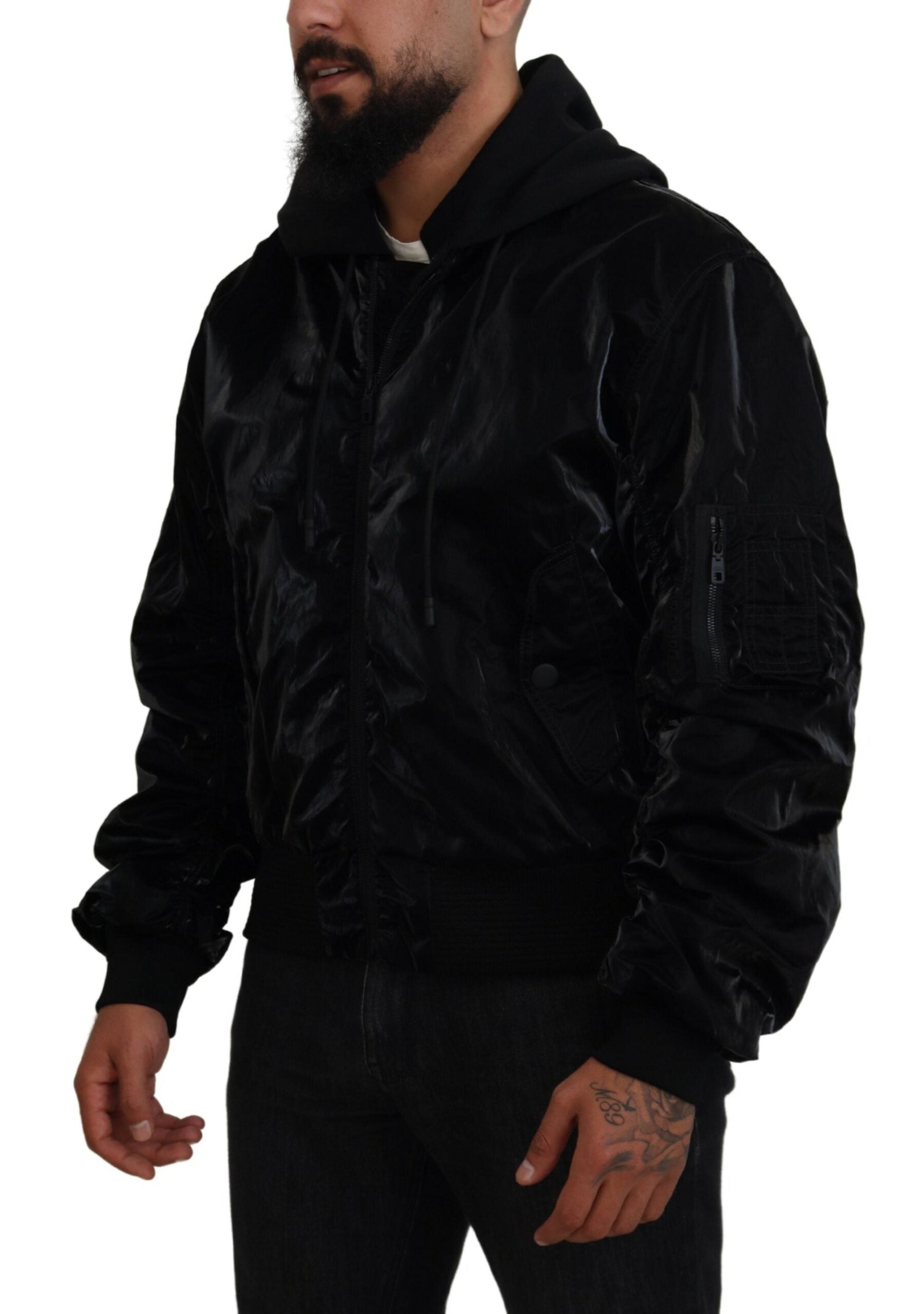 Dolce & Gabbana Schwarze Nylon Bomberjacke mit Kapuze und Reißverschluss