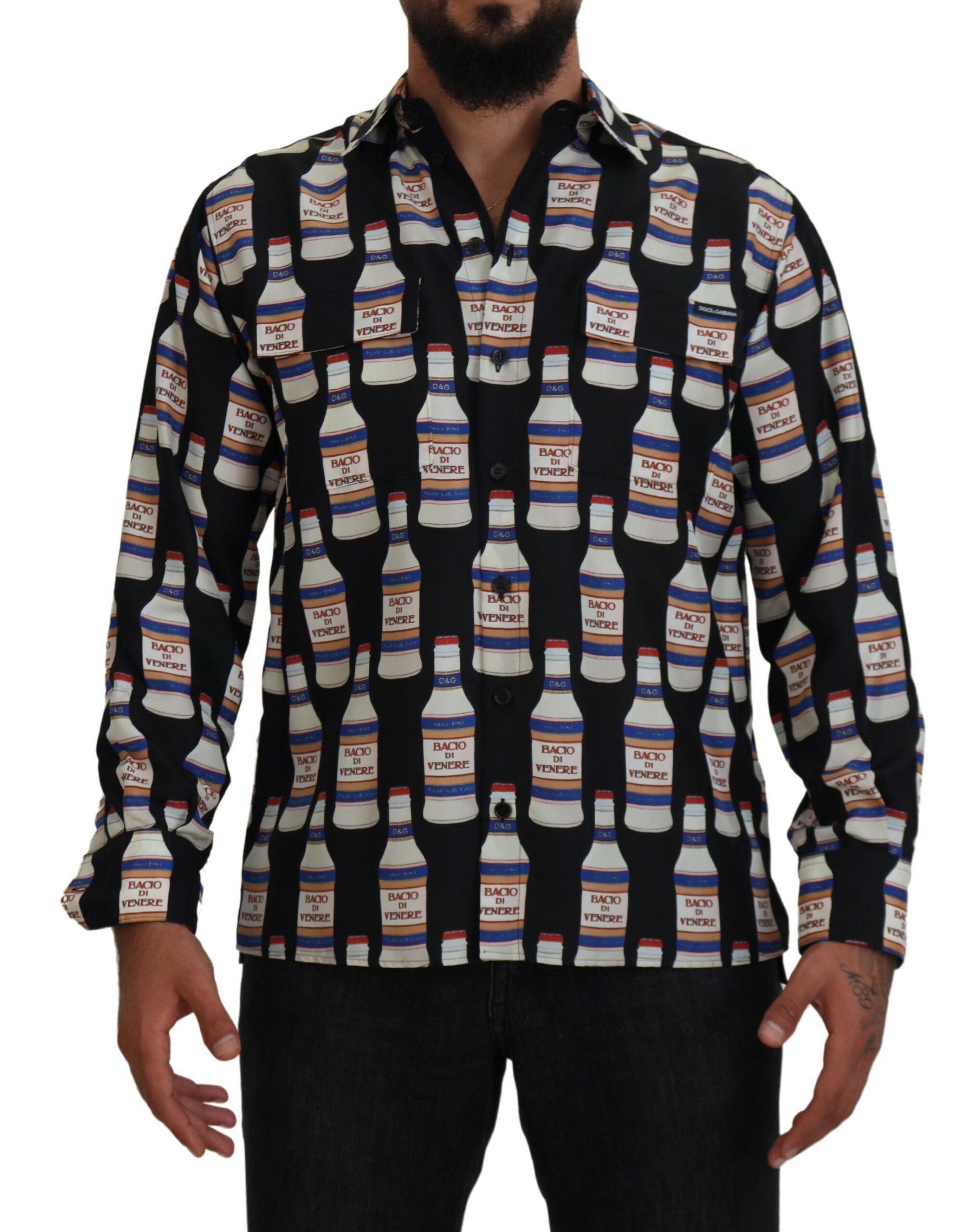 Dolce & Gabbana Schwarzes Seidenhemd mit bedrucktem Kragen für Männer Freizeithemd