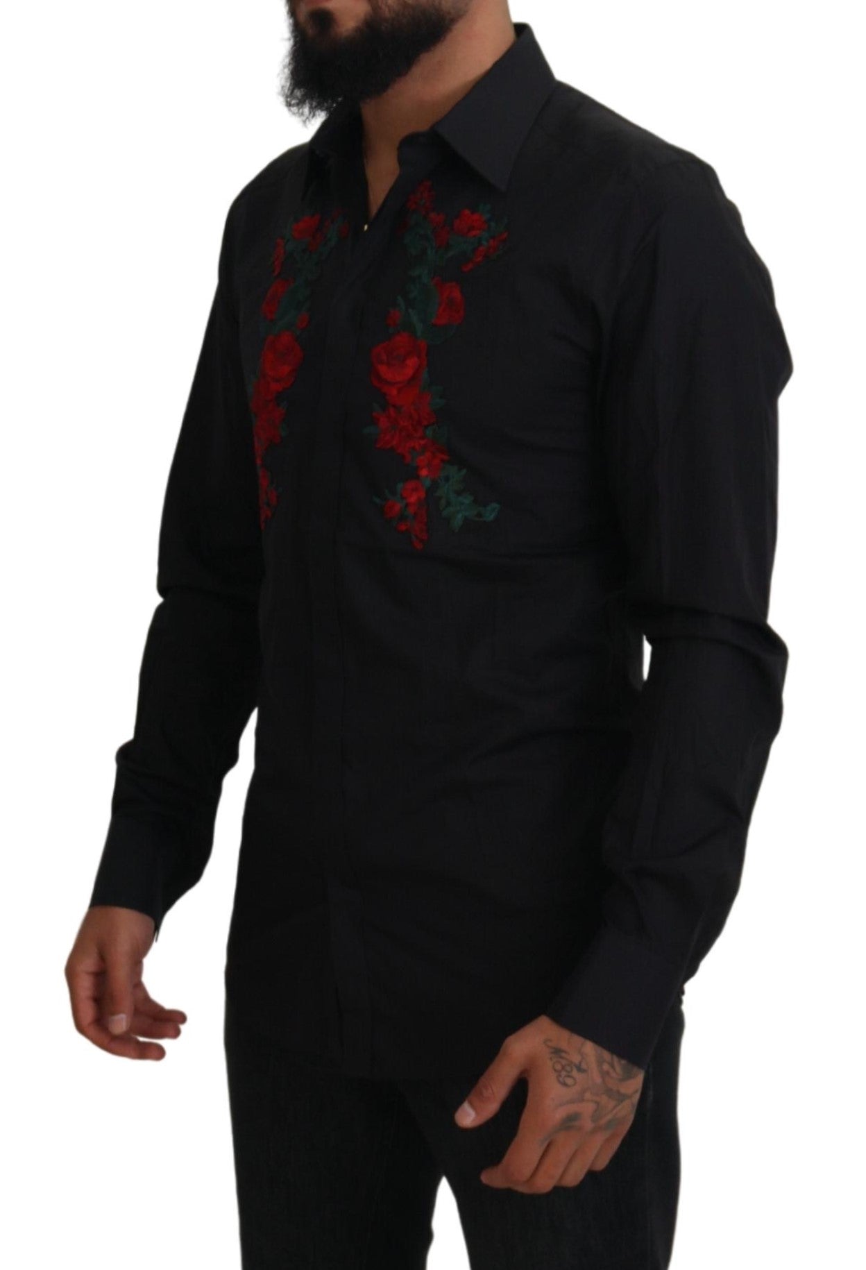 Dolce & Gabbana Schwarz Floral Stickerei Männer Lange Ärmel GOLD Hemd
