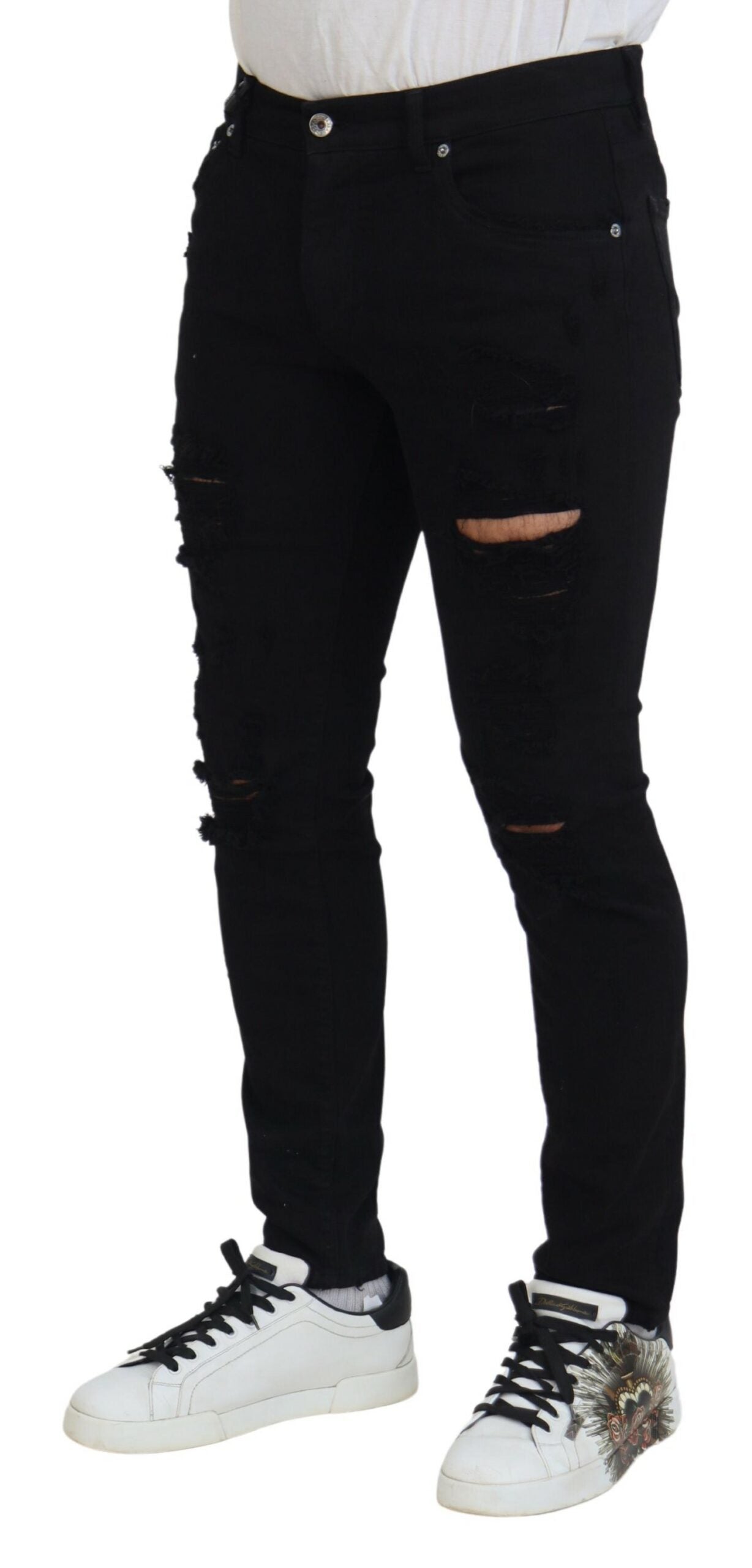 Dolce & Gabbana Schwarze Slim Fit Tattered Denim Baumwolljeans