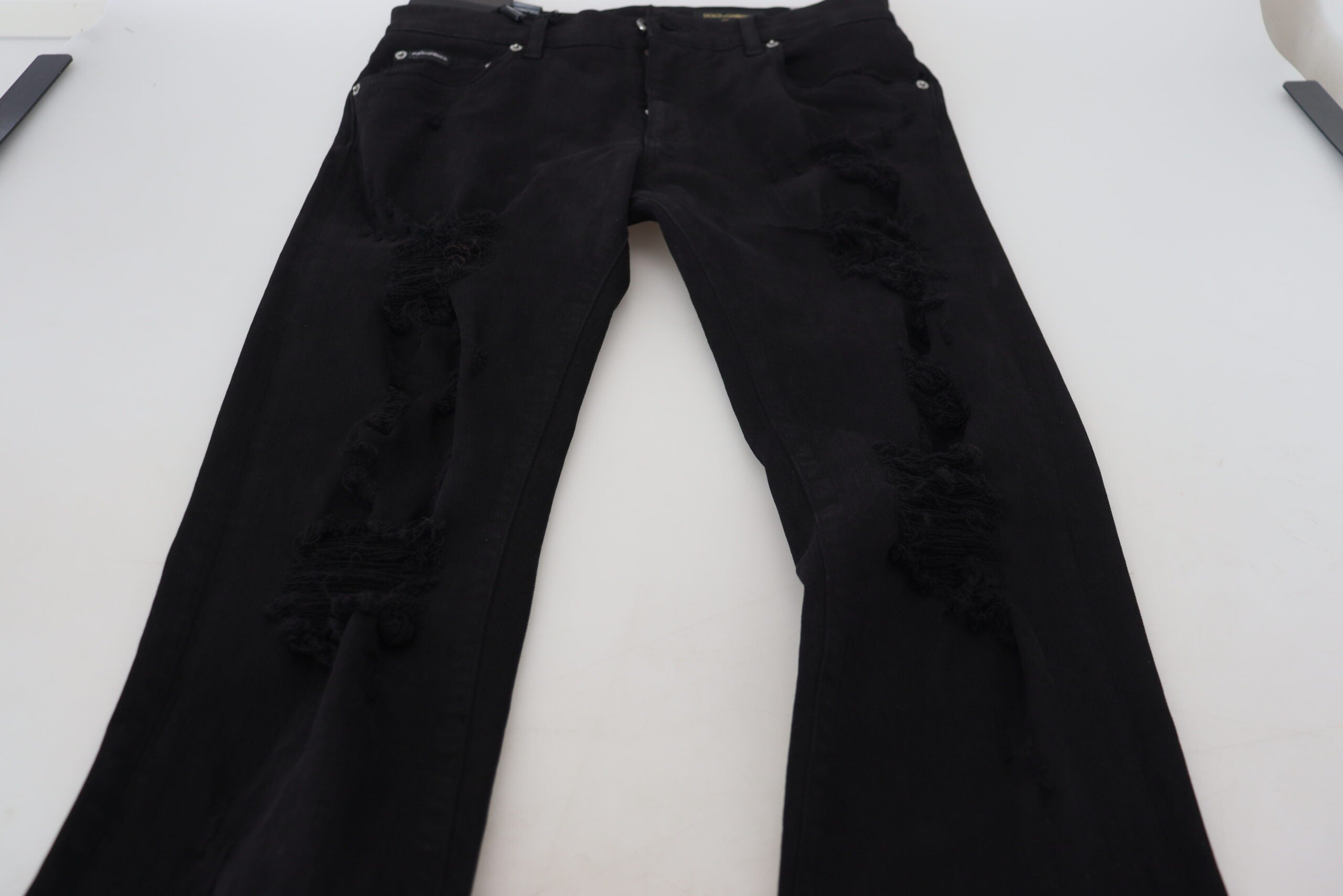 Dolce & Gabbana Schwarze Slim Fit Tattered Denim Baumwolljeans