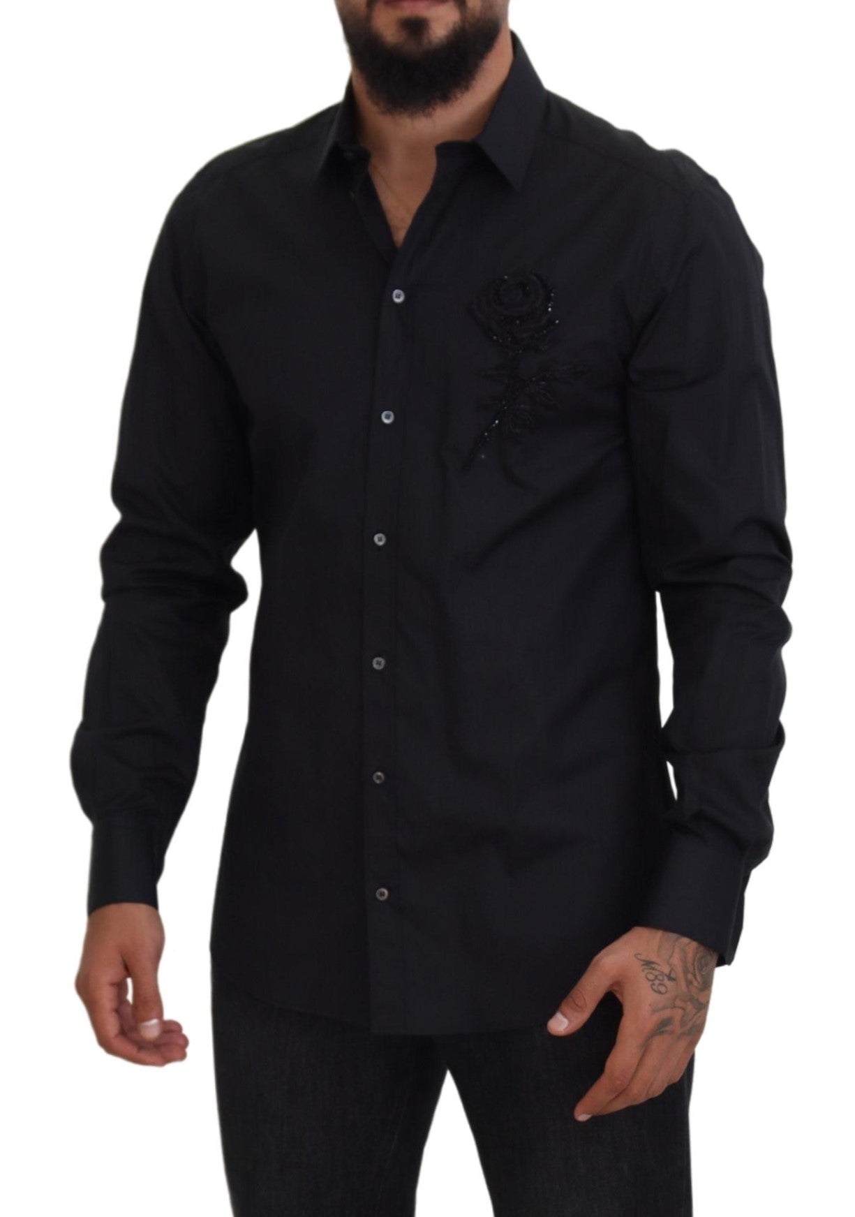 Dolce & Gabbana Schwarzes Rosen Slim Fit Baumwollhemd