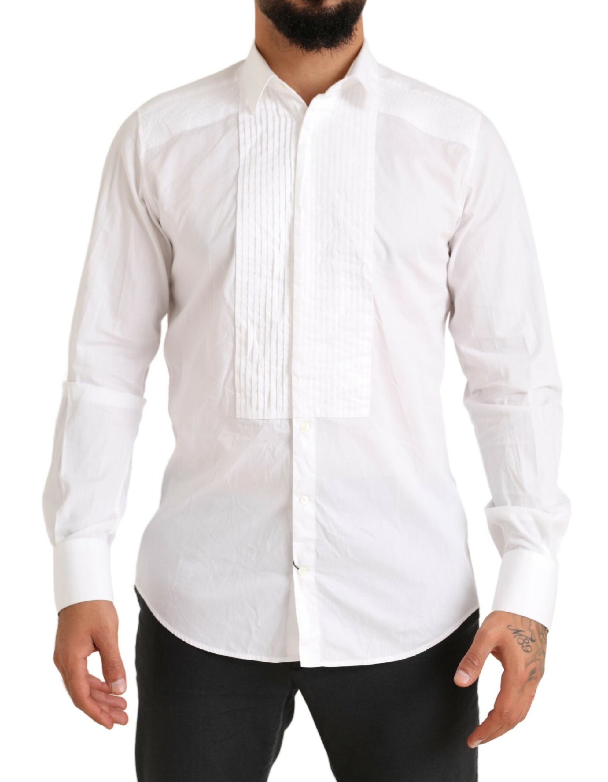 Dolce & Gabbana Weißes GOLD Formales Baumwoll-Smokinghemd