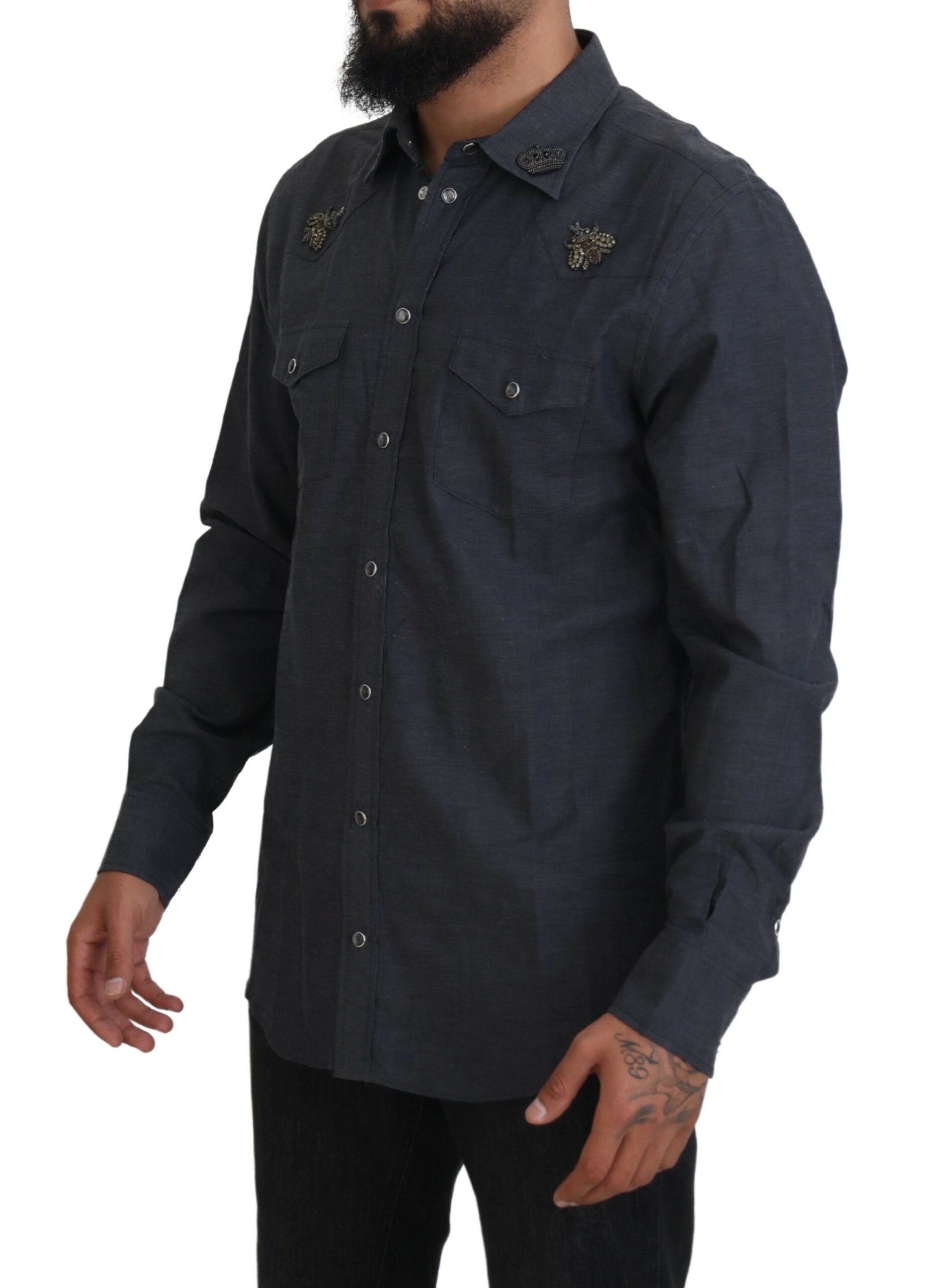 Dolce & Gabbana Blaues Baumwoll-Denim-Kristallbienenhemd