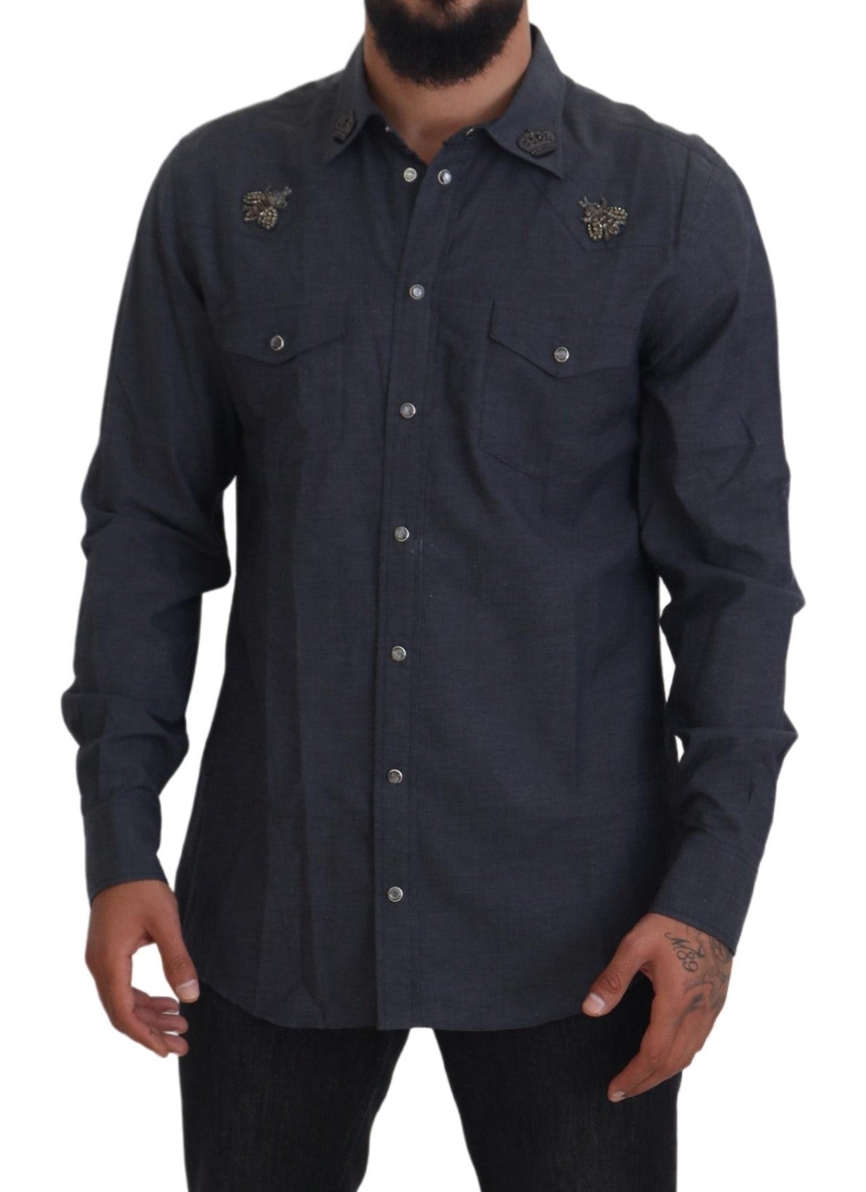 Dolce & Gabbana Blaues Baumwoll-Denim-Kristallbienenhemd