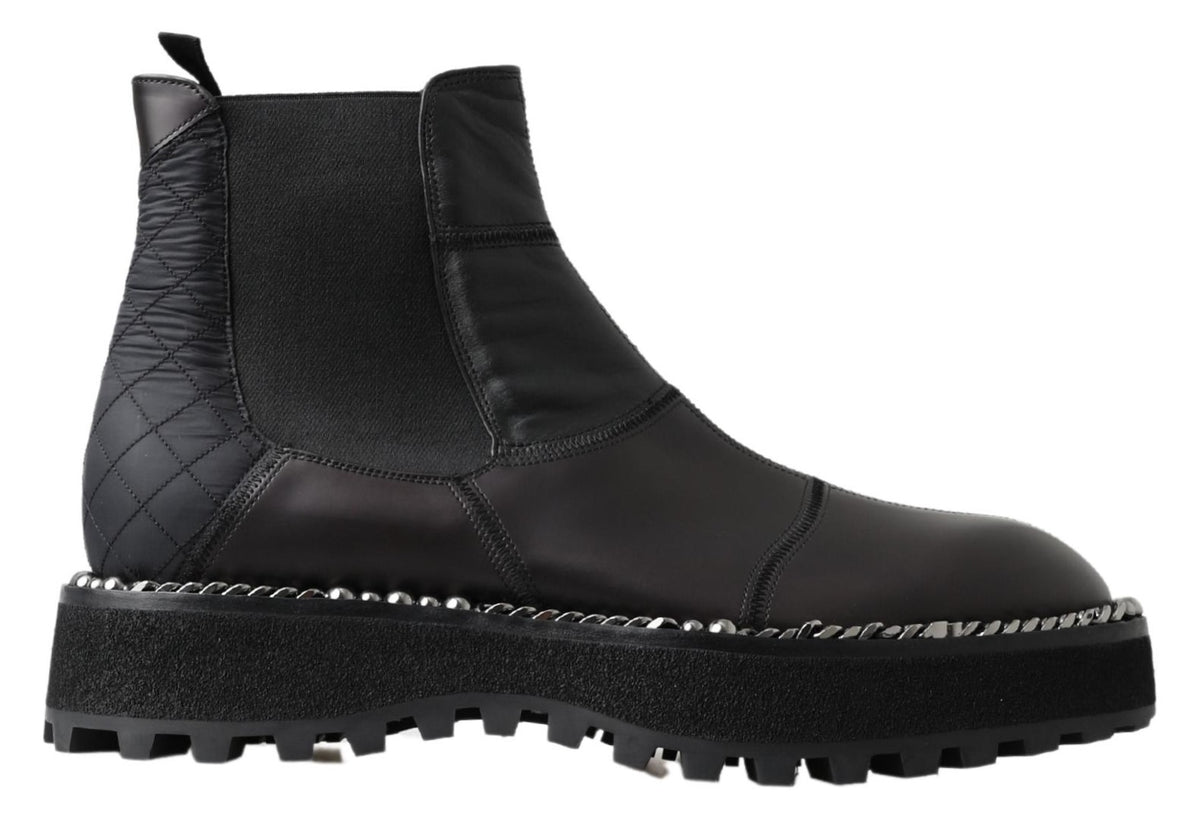 Dolce & Gabbana Schwarze Leder-Slipper mit Stretch-Stiefeln