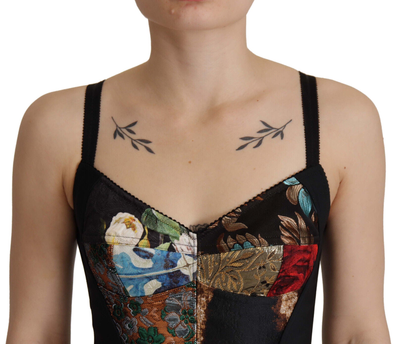 Dolce & Gabbana Schwarzes Patchwork Sizilien Bluse Korsett Cropped Top
