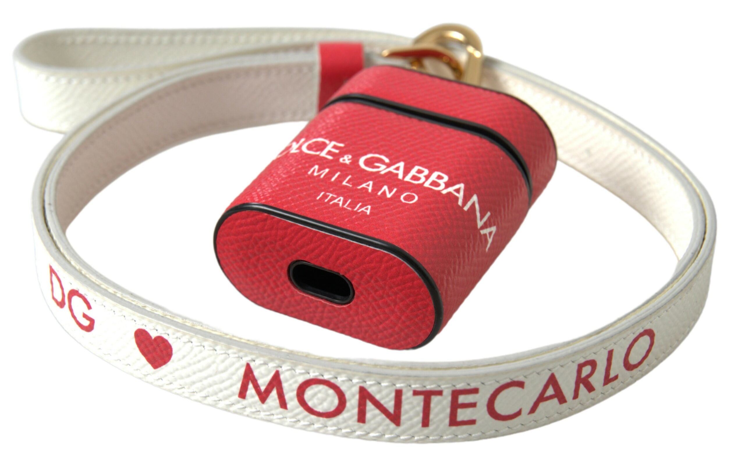 Dolce & Gabbana Rotes Leder Gold-Ton Metall Logo Druck Riemen Airpods Fall