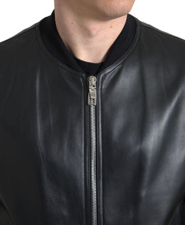 Dolce & Gabbana Schwarze Leder Bomberjacke mit Reißverschluss für Männer