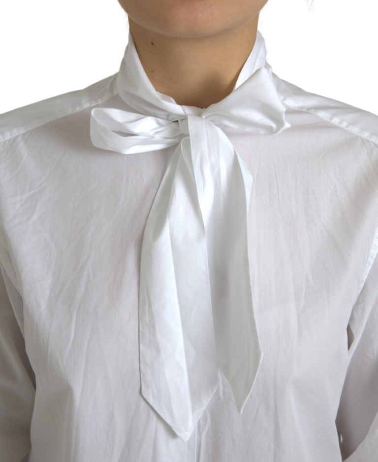 Dolce & Gabbana Weißes Baumwoll-Top mit Ascot-Kragen und langen Ärmeln
