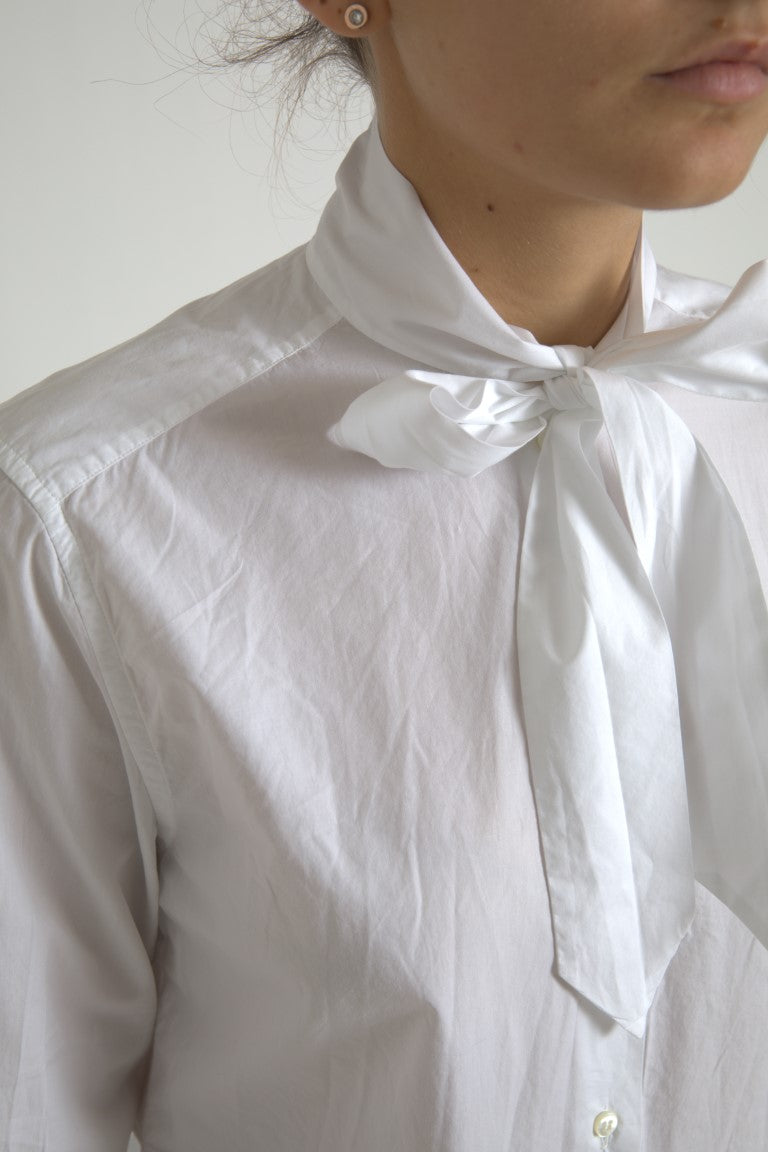 Dolce & Gabbana Weißes Baumwoll-Top mit Ascot-Kragen und langen Ärmeln