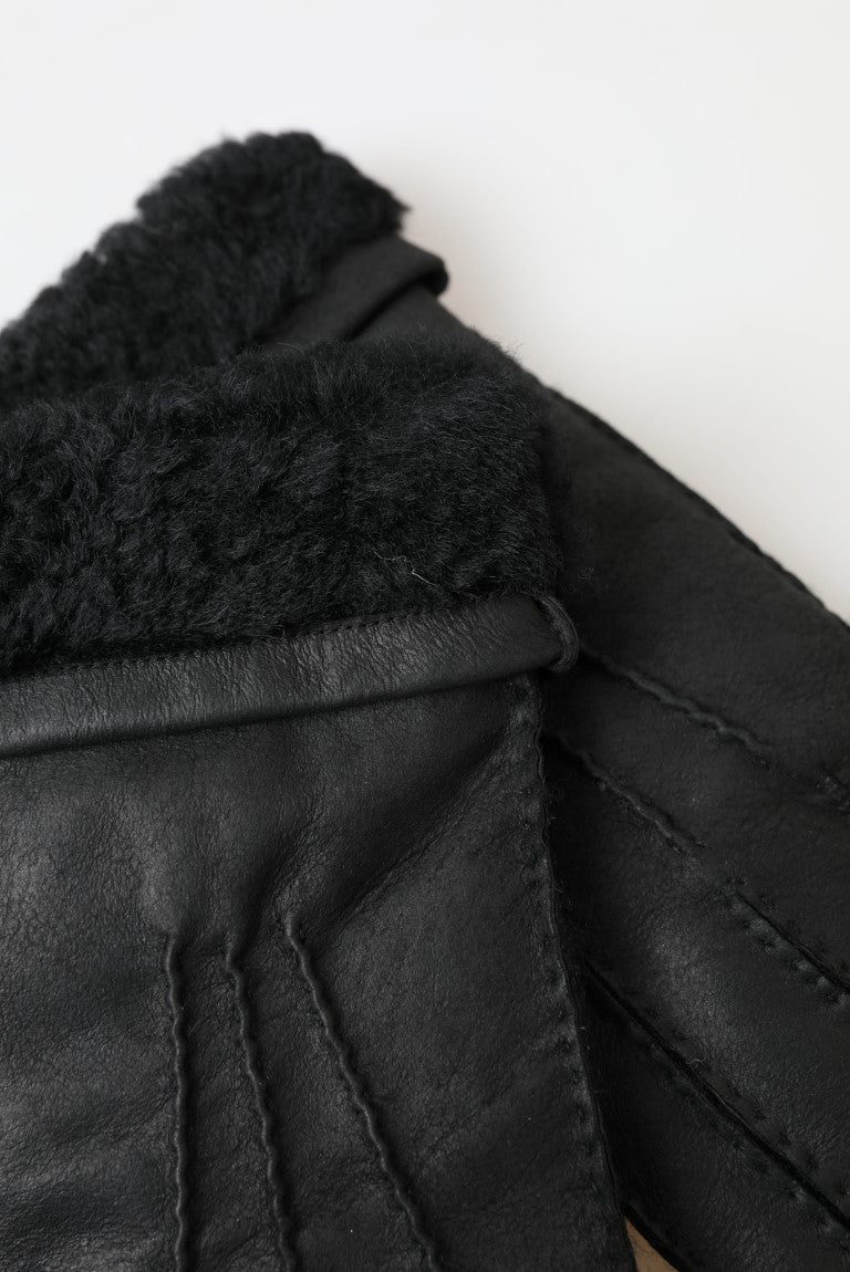 Dolce & Gabbana Schwarzes Leder Fell Kurze Hände Fäustlinge Männer Handschuhe