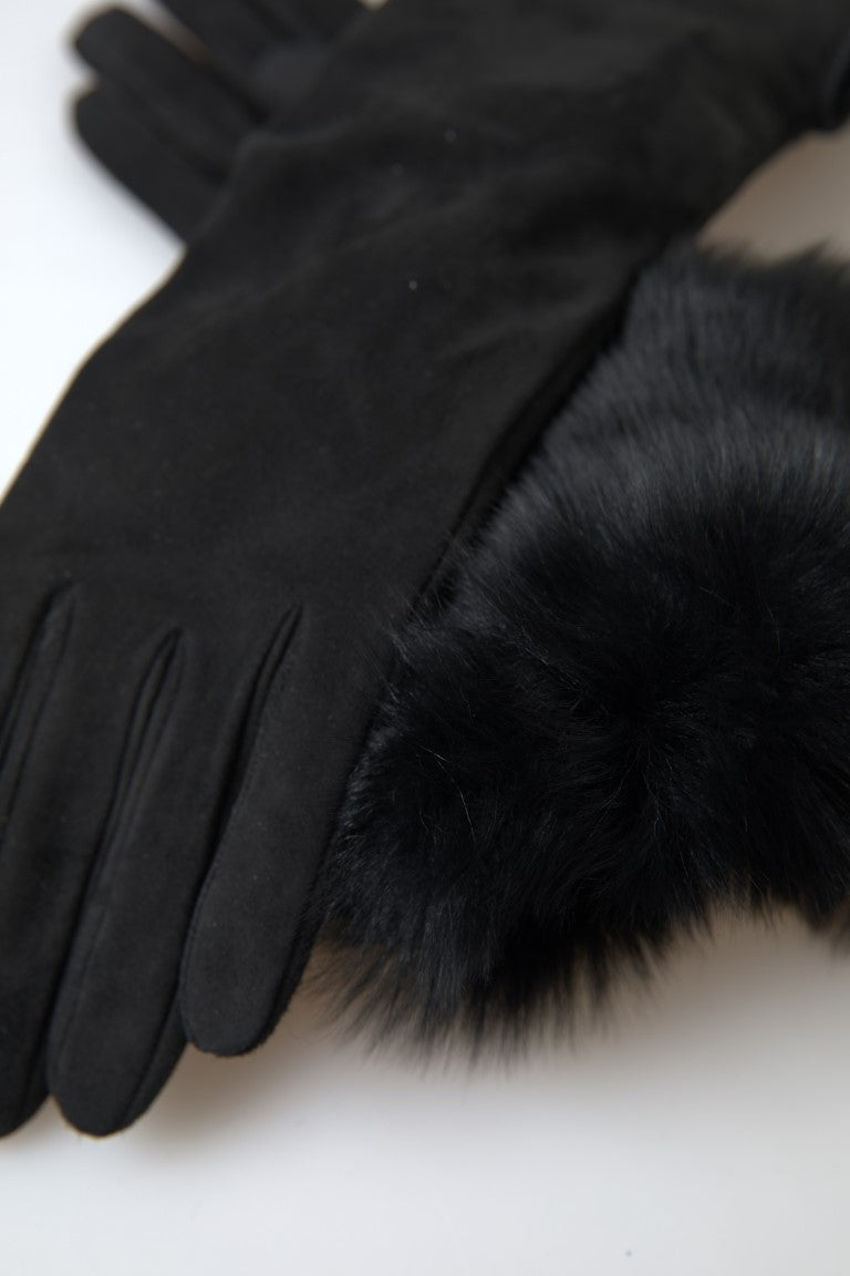 Dolce & Gabbana Schwarzes Leder Pelz Ellenbogenlange Handschuhe