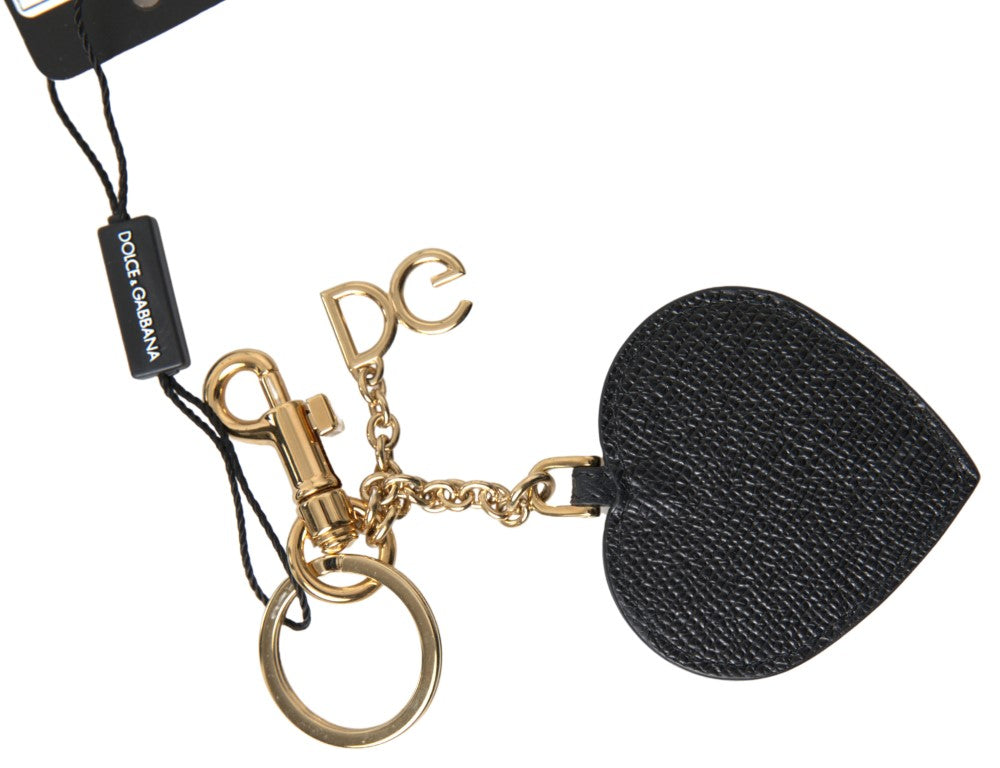 Dolce & Gabbana Schwarzes Fuchsia Herz Leder Gold Metall Schlüsselring Schlüsselanhänger