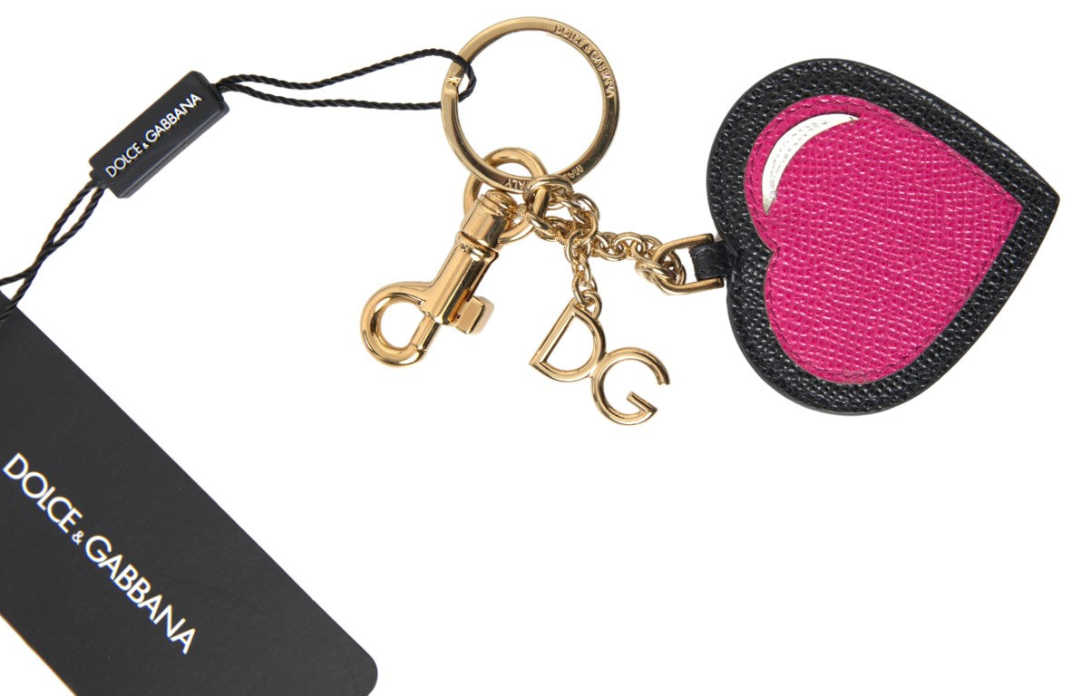 Dolce & Gabbana Schwarzes Fuchsia Herz Leder Gold Metall Schlüsselring Schlüsselanhänger