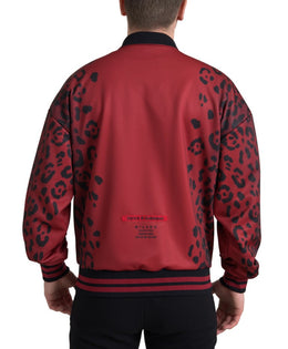 Dolce & Gabbana Rote Leoparden-Polyester-Bomberjacke mit durchgehendem Reißverschluss