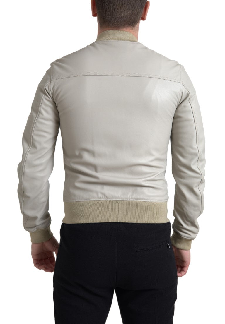Dolce & Gabbana Cremefarbene Lederbomber-Blousonjacke mit durchgehendem Reißverschluss