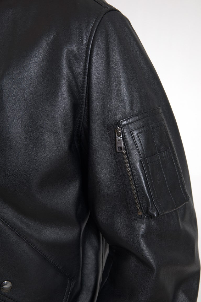 Dolce & Gabbana Schwarze Leder-Blouson-Bomberjacke mit durchgehendem Reißverschluss