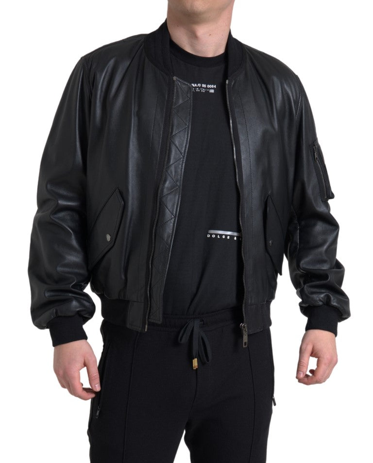 Dolce & Gabbana Schwarze Leder-Blouson-Bomberjacke mit durchgehendem Reißverschluss