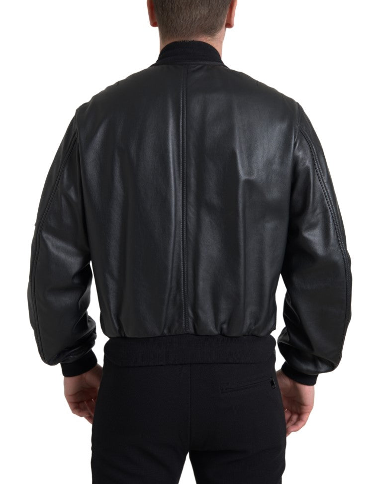 Dolce & Gabbana Schwarze Leder-Blouson-Bomberjacke mit durchgehendem Reißverschluss