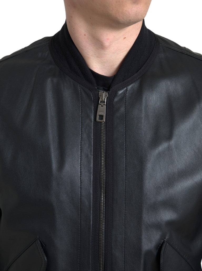 Dolce & Gabbana Schwarze Leder-Blouson-Bomberjacke mit durchgehendem Reißverschluss