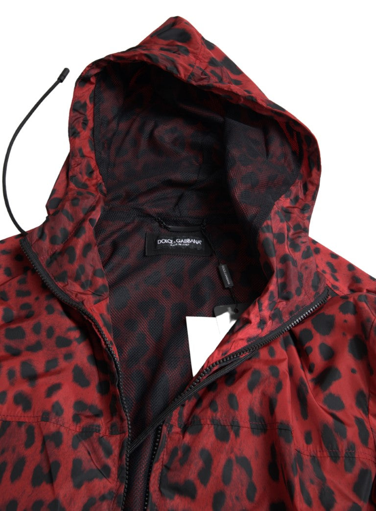 Dolce & Gabbana Rote Leoparden-Bomberjacke mit Kapuze und Reißverschluss
